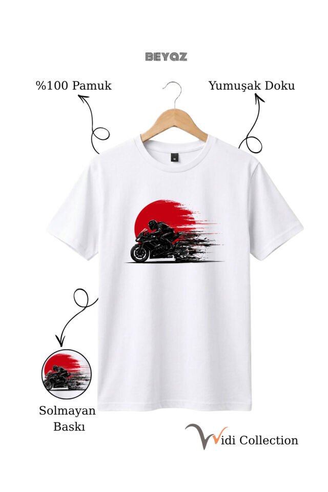 Hız Temalı Racing Motor Baskılı %100 Pamuk Unisex Regular Fit T-Shirt Beyaz - M