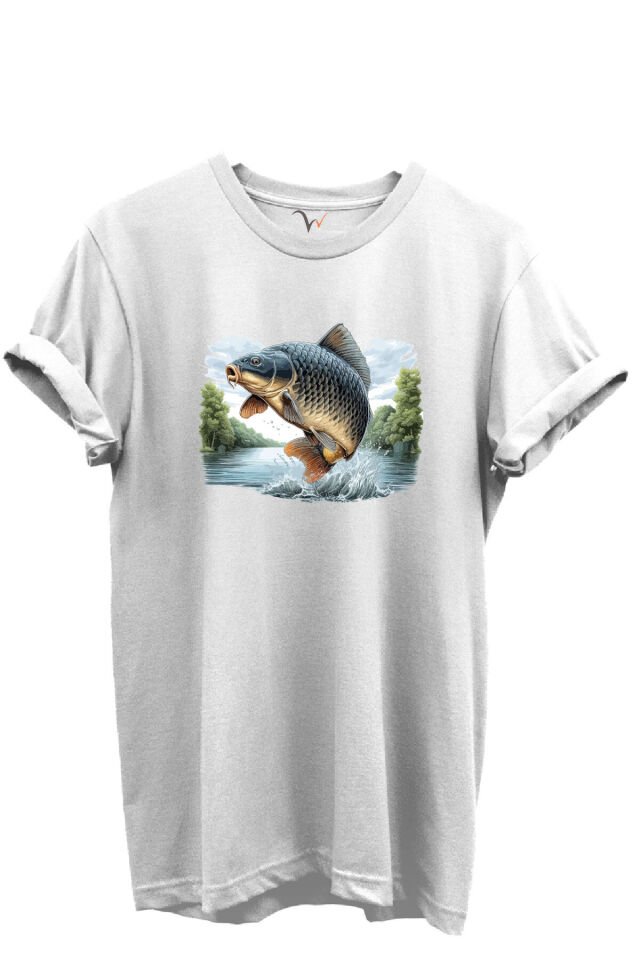 Sıçrayan Sazan Balığı Desenli %100 Pamuk Regular Fit Unisex T-Shirt Beyaz - 2XL