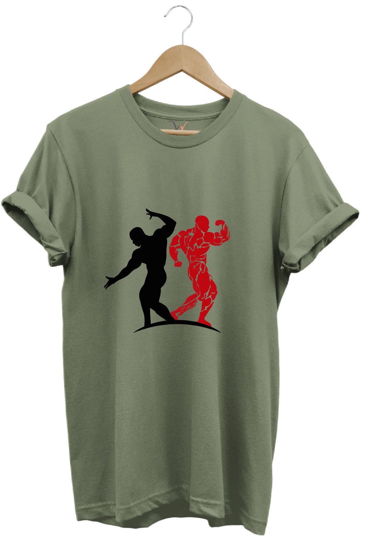 Sporcu Fitness Baskılı GYMRegular Fit %100 Pamuk Bisiklet Yaka Premium Tişört Haki Yeşil - 2XL