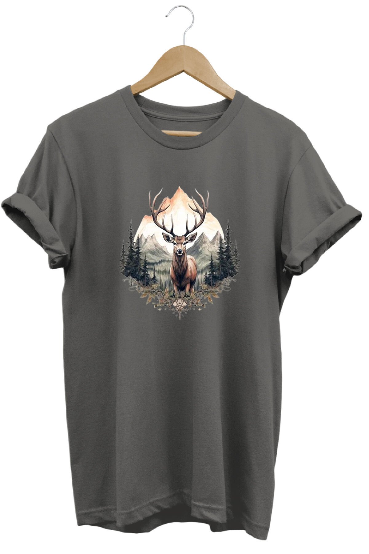 Unisex Geyik ve Dağ Manzaralı Baskılı Bisiklet Yaka Tişört T-shirt Antrasit - XL