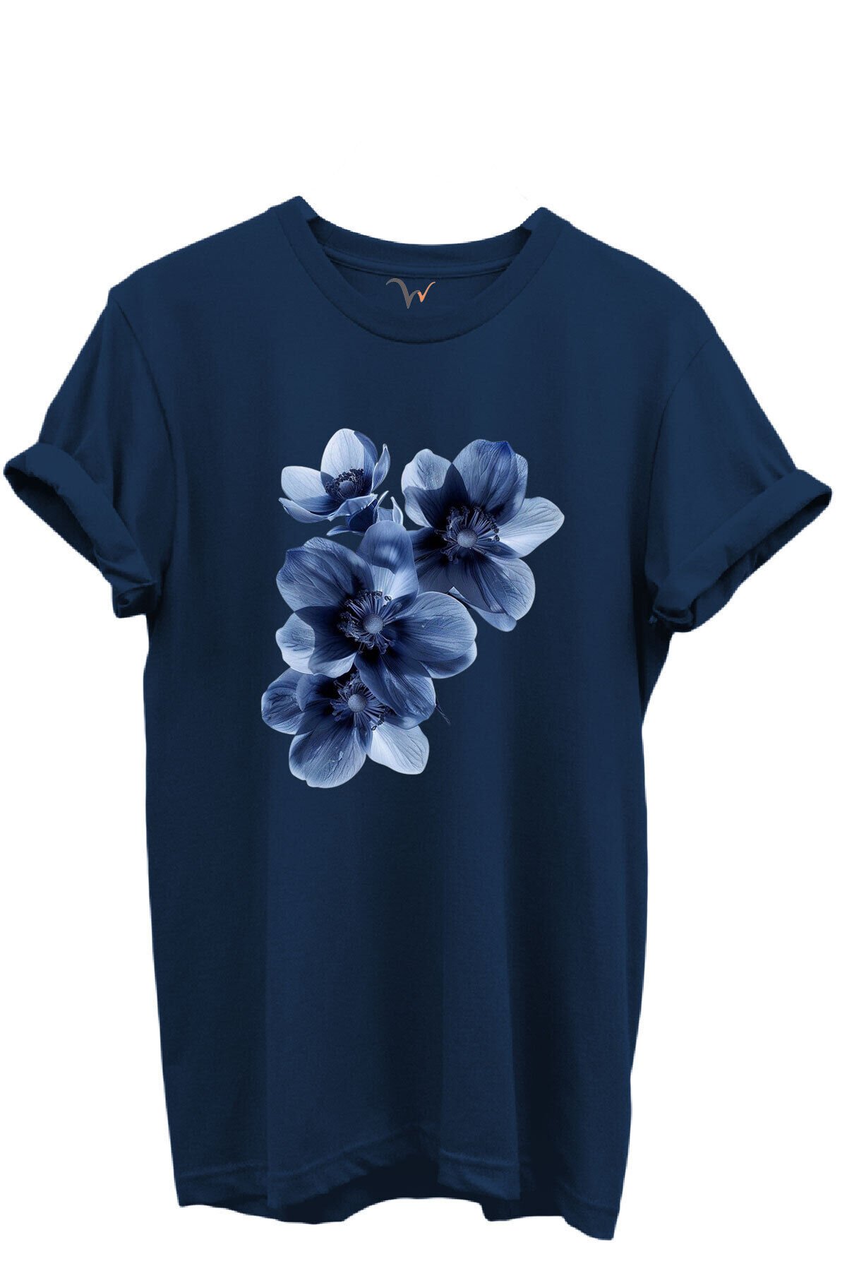 Mavi Çiçek Desenli Kadın %100 Pamuk Regular Fit Bisiklet Yaka T-Shirt Lacivert - 4XL