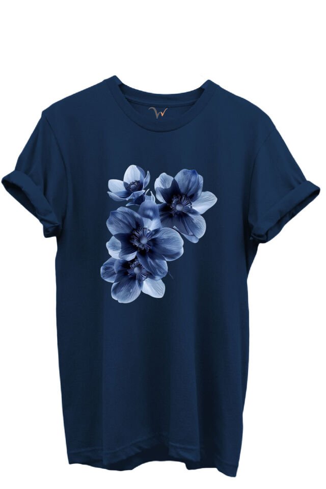 Mavi Çiçek Desenli Kadın %100 Pamuk Regular Fit Bisiklet Yaka T-Shirt Lacivert - 4XL