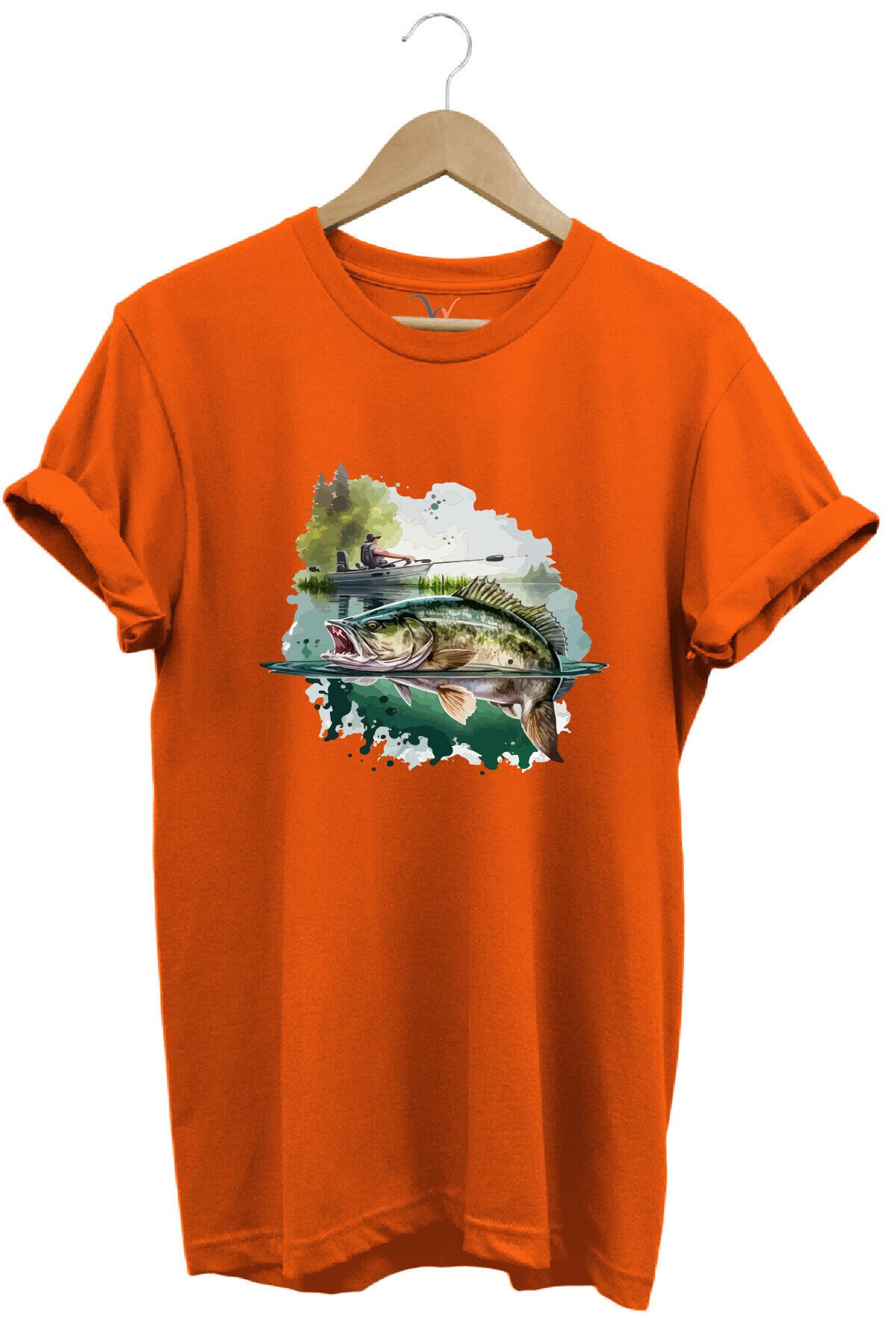 Balıkçılık Levrek Balığı Ve Teknede Olta Ile Balık Tutmak %100 Pamuk Regular Fit Siyah T-shirt Turuncu - XL