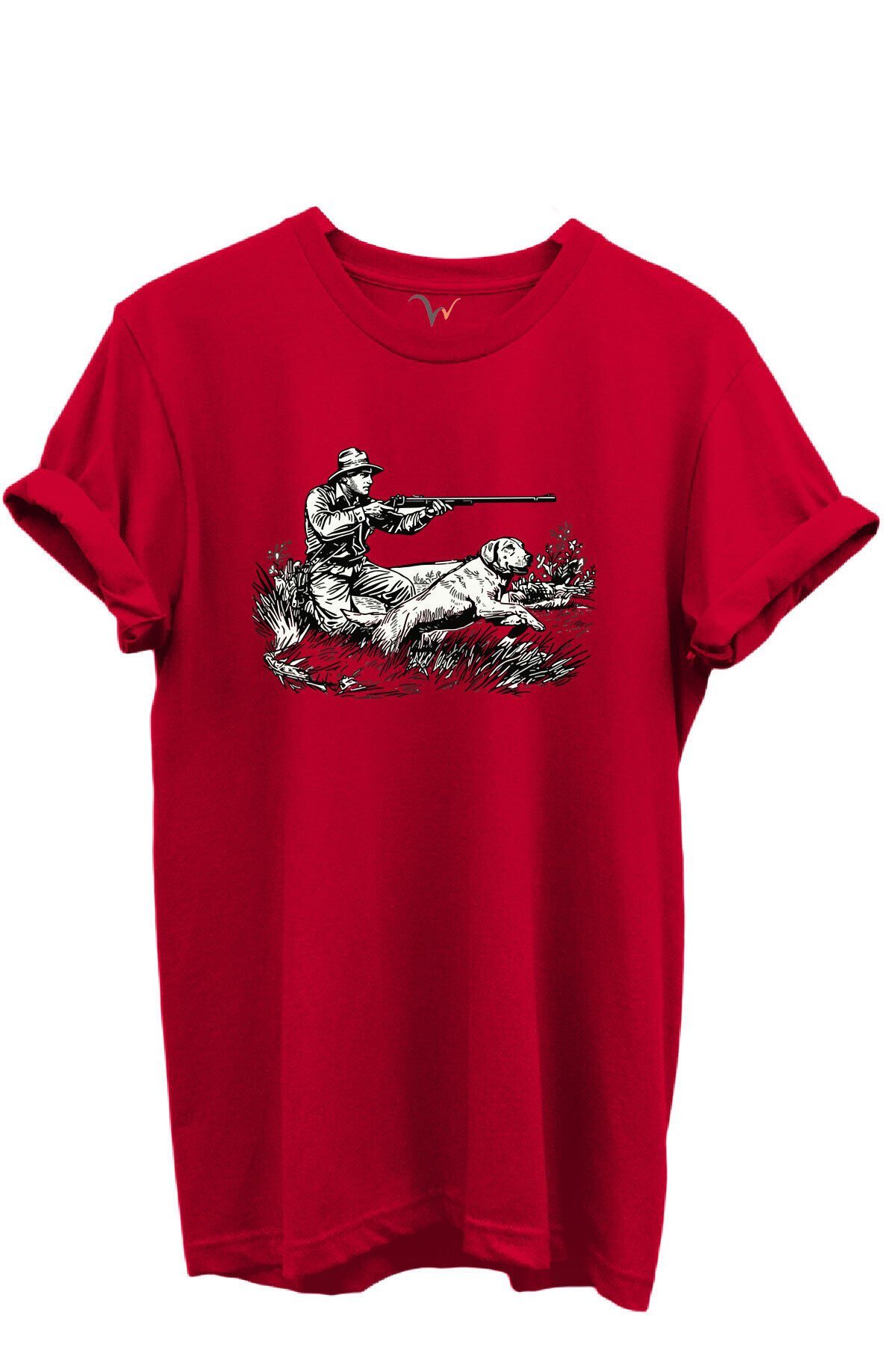 Outdoor Avcılık Avcı ve Köpek Desenli %100 Pamuk Regular Fit Bisiklet Yaka Unisex T-shirt Kırmızı - M