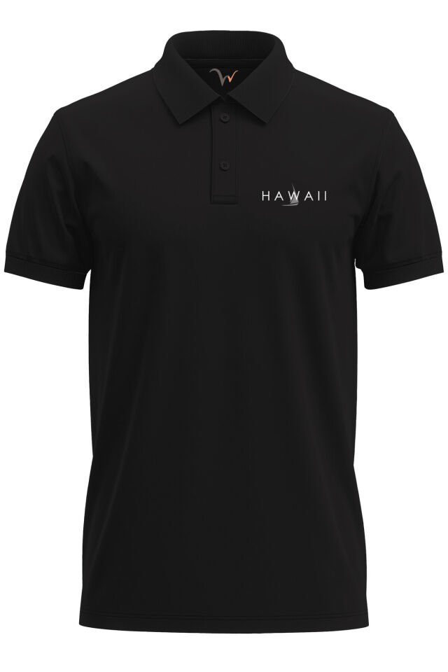 Hawaii Yazılı Tekne Baskılı Deniz Yaz %100 Pamuk Regular Fit Polo Yaka Lacivert T-shirt Siyah - 2XL