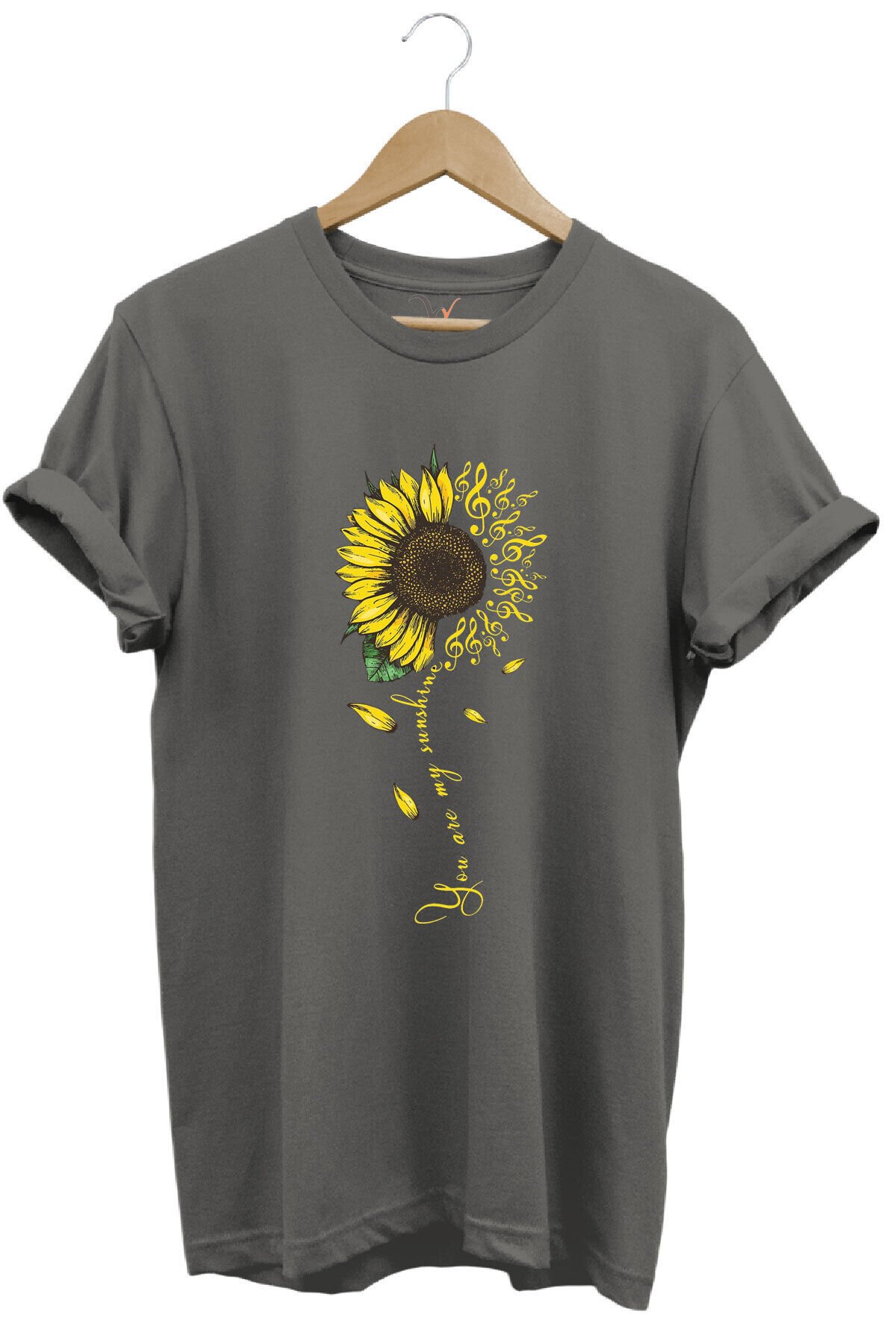 Sarı Ayçiçek Desenli You Are Sunshine Yazı Baskılı %100 Pamuk Regular Fit Unisex T-Shirt Gri - M