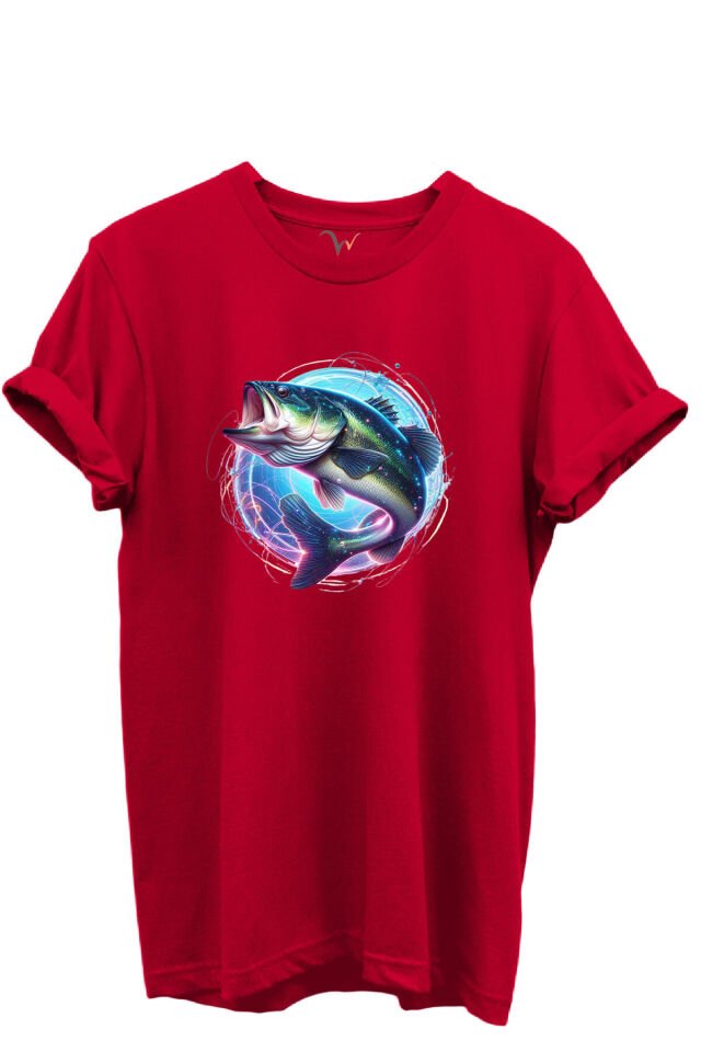 Renkli Neon Balık Desenli %100 Pamuk Regular Fit Unisex T-Shirt Kırmızı - 2XL
