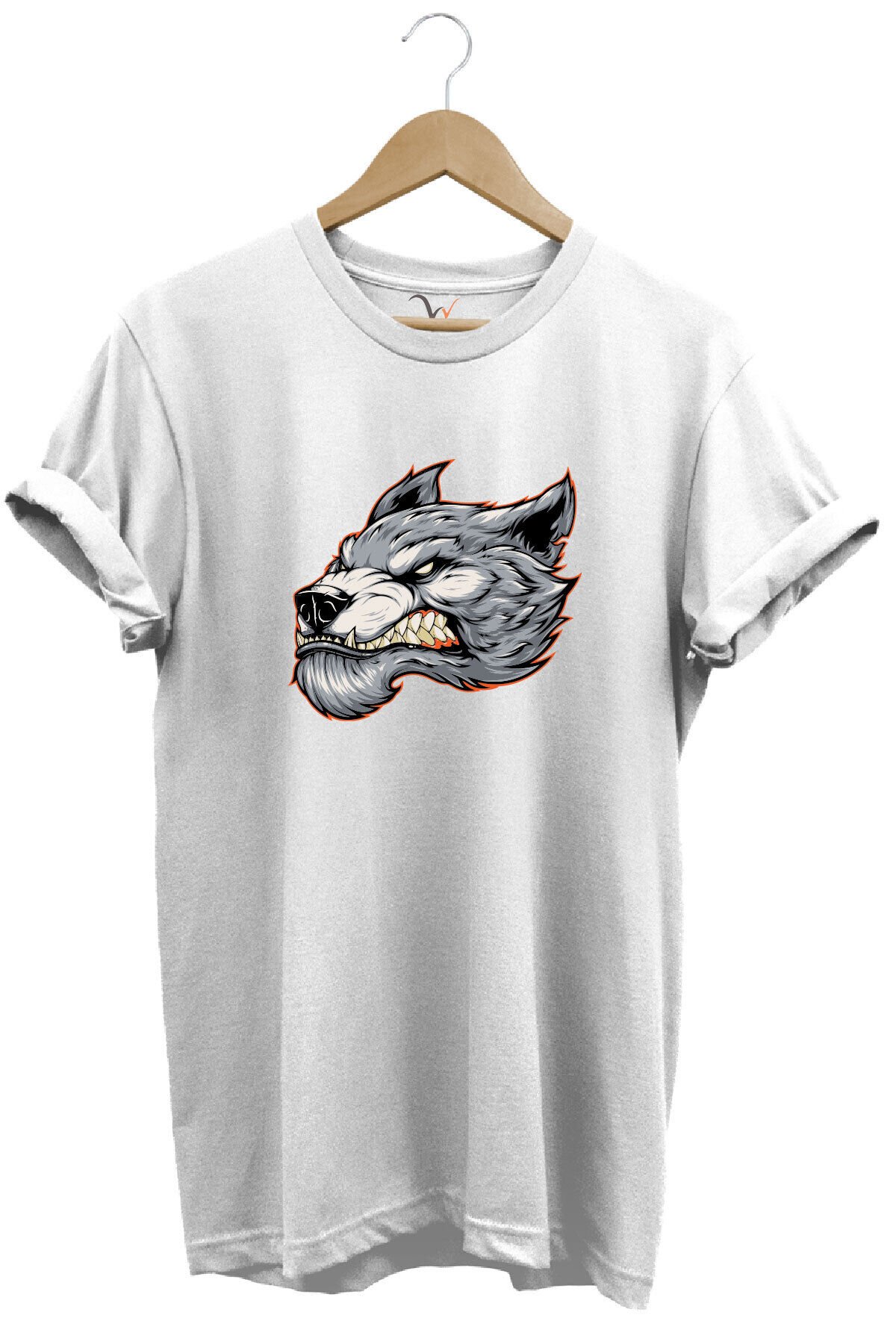 Kızgın Agresif Kurt Tasarım Baskılı %100 Pamuk Regular Fit Bisiklet Yaka Premium Gri T-shirt Beyaz - M