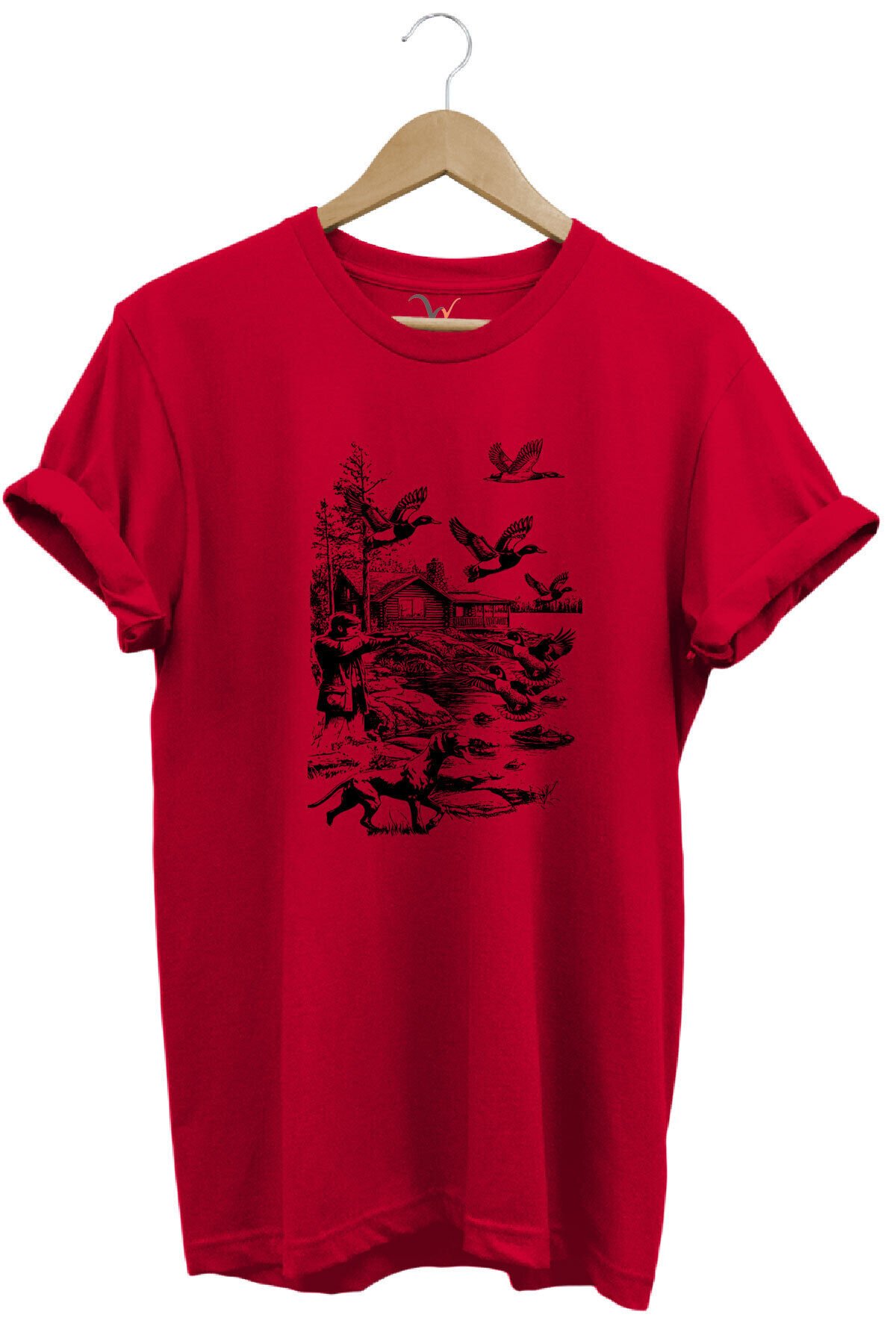 Avcılık Hunting Avcı Köpeği Avcı ve Ördekler Baskılı %100 Pamuk Unisex Regular Fit T-Shirt Kırmızı - XL