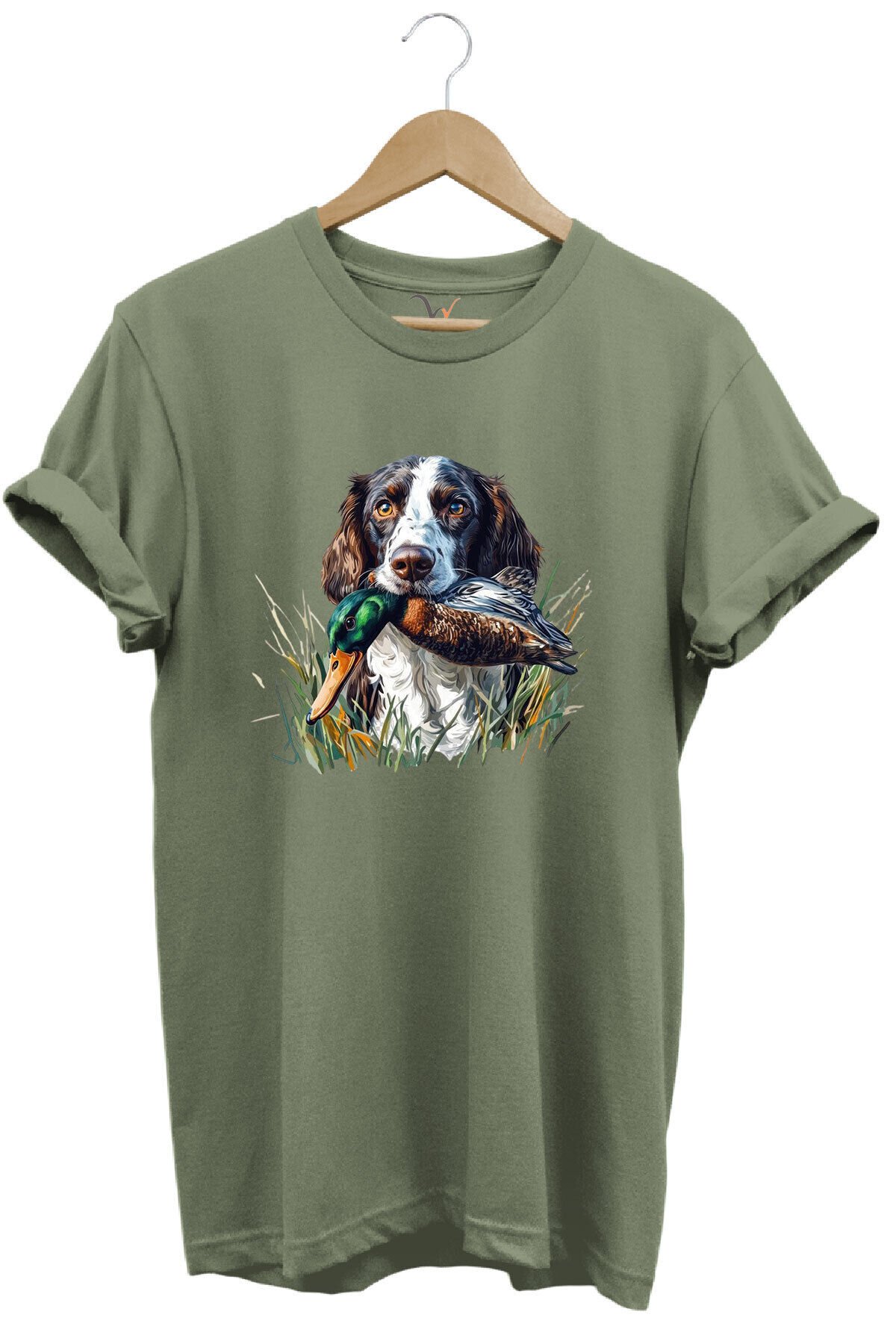 Avcılık Av Köpeği Ve Ördek Baskılı %100 Pamuk Regular Fit Bisiklet Yaka Premium Yeşil T-shirt Haki - 2XL