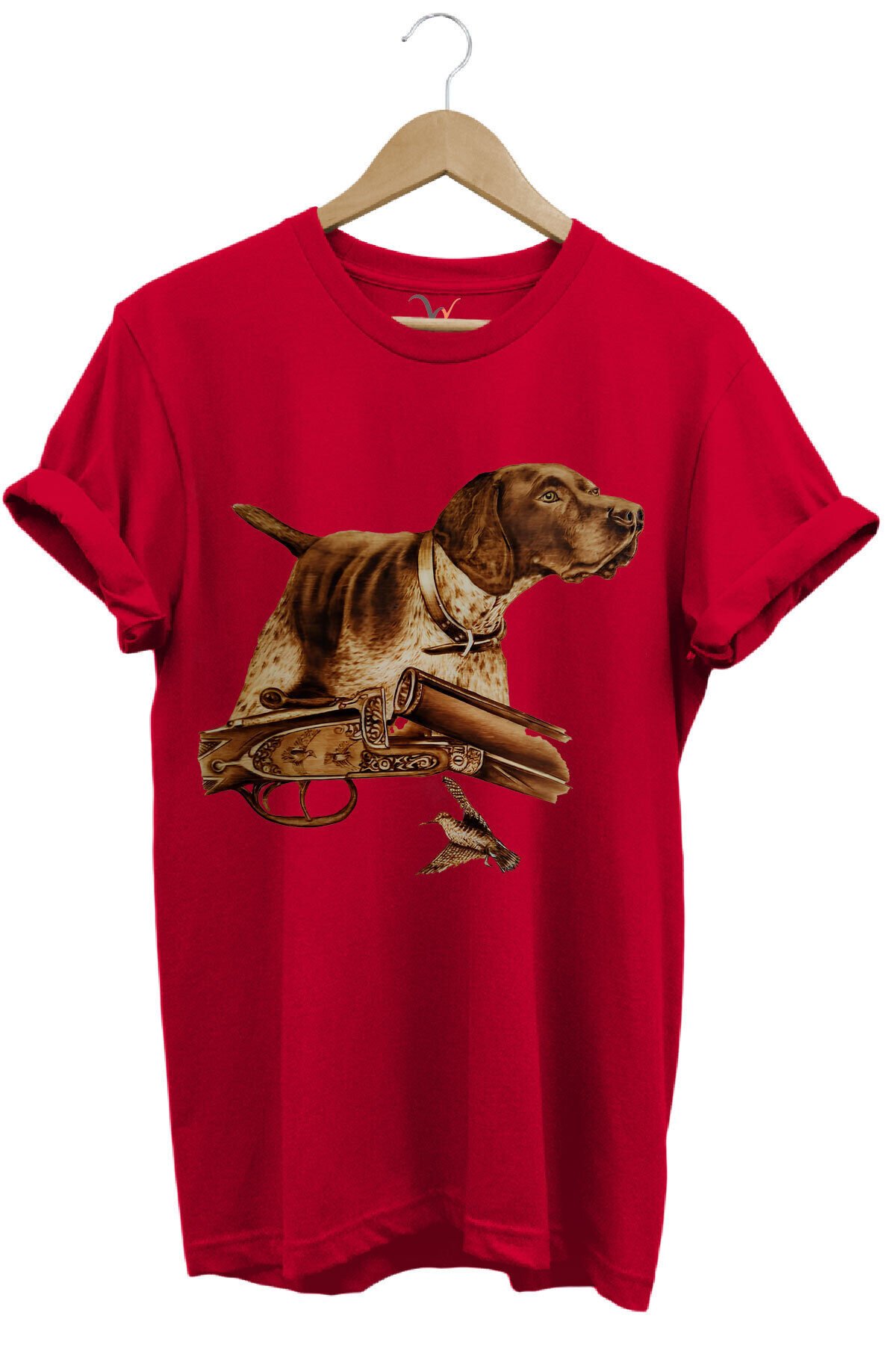 Hunter Avcılık Temalı Fişek Labrador Retriever Setter Pointer Baskılı %100 Pamuk Regular Fit T-Shirt Kırmızı - 2XL