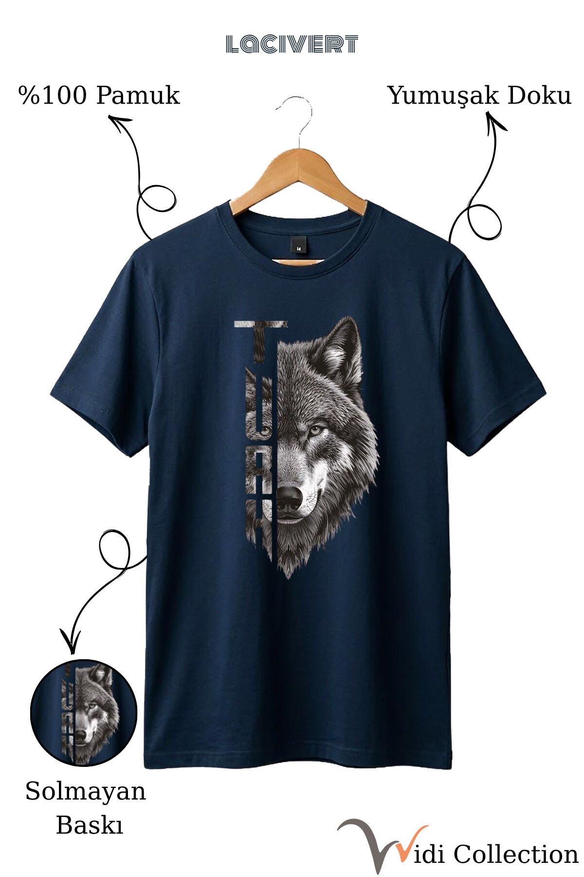 Yarı Kurt Yarısı TÜRK Yazı Tasarım Baskılı %100 Pamuk T-shirt Lacivert - 4XL