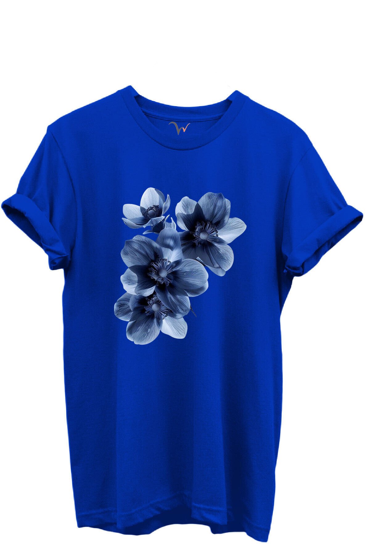 Mavi Çiçek Desenli Kadın %100 Pamuk Regular Fit Bisiklet Yaka T-Shirt Mavi - M