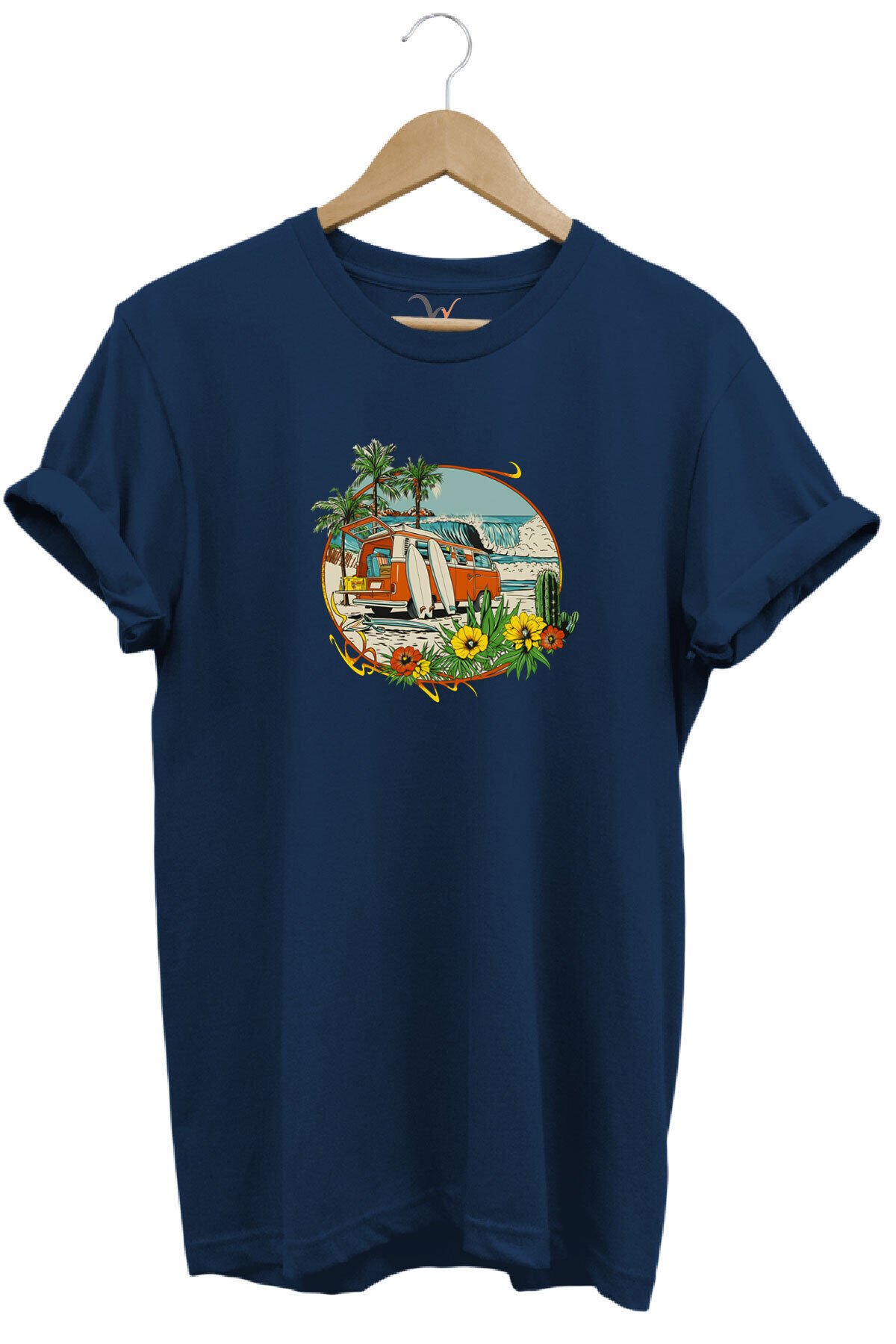 Outdoor Kamp Karavan Sörf Baskılı %100 Pamuk Basic Regular Fit Bisiklet Yaka T-shirt Lacivert - L