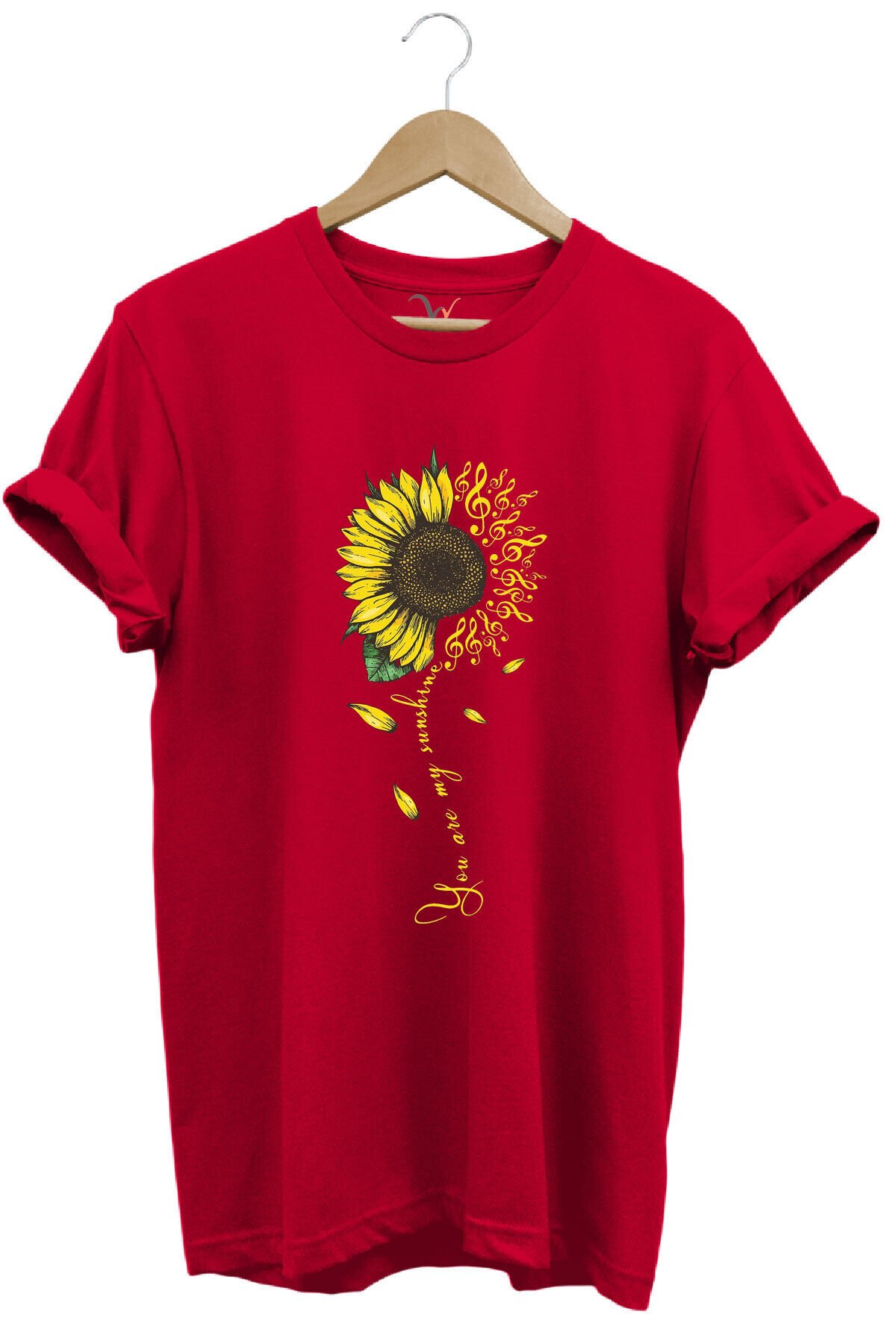 Sarı Ayçiçek Desenli You Are Sunshine Yazı Baskılı %100 Pamuk Regular Fit Unisex T-Shirt Kırmızı - M