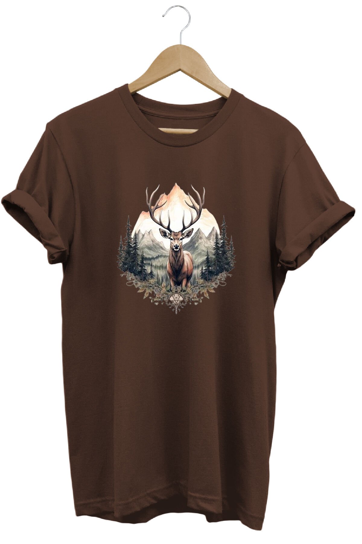 Unisex Geyik ve Dağ Manzaralı Baskılı Bisiklet Yaka Tişört T-shirt Acı Kahverengi - M