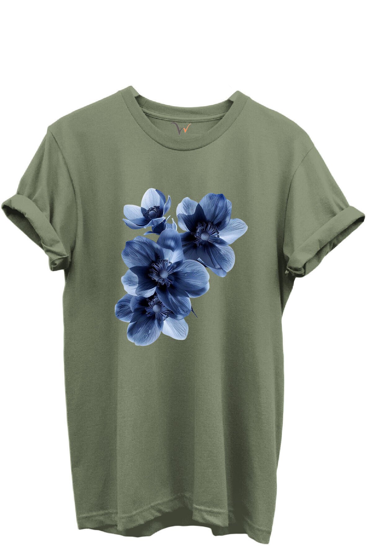 Mavi Çiçek Desenli Kadın %100 Pamuk Regular Fit Bisiklet Yaka T-Shirt Haki - XL