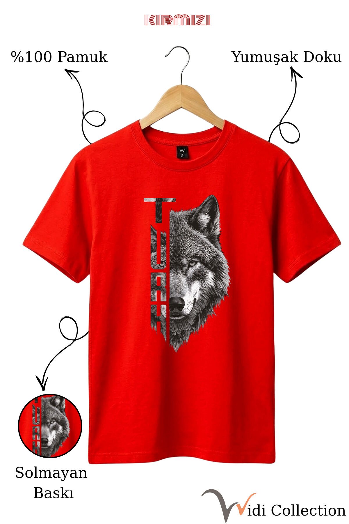 Yarı Kurt Yarısı TÜRK Yazı Tasarım Baskılı %100 Pamuk T-shirt Kırmızı - 3XL