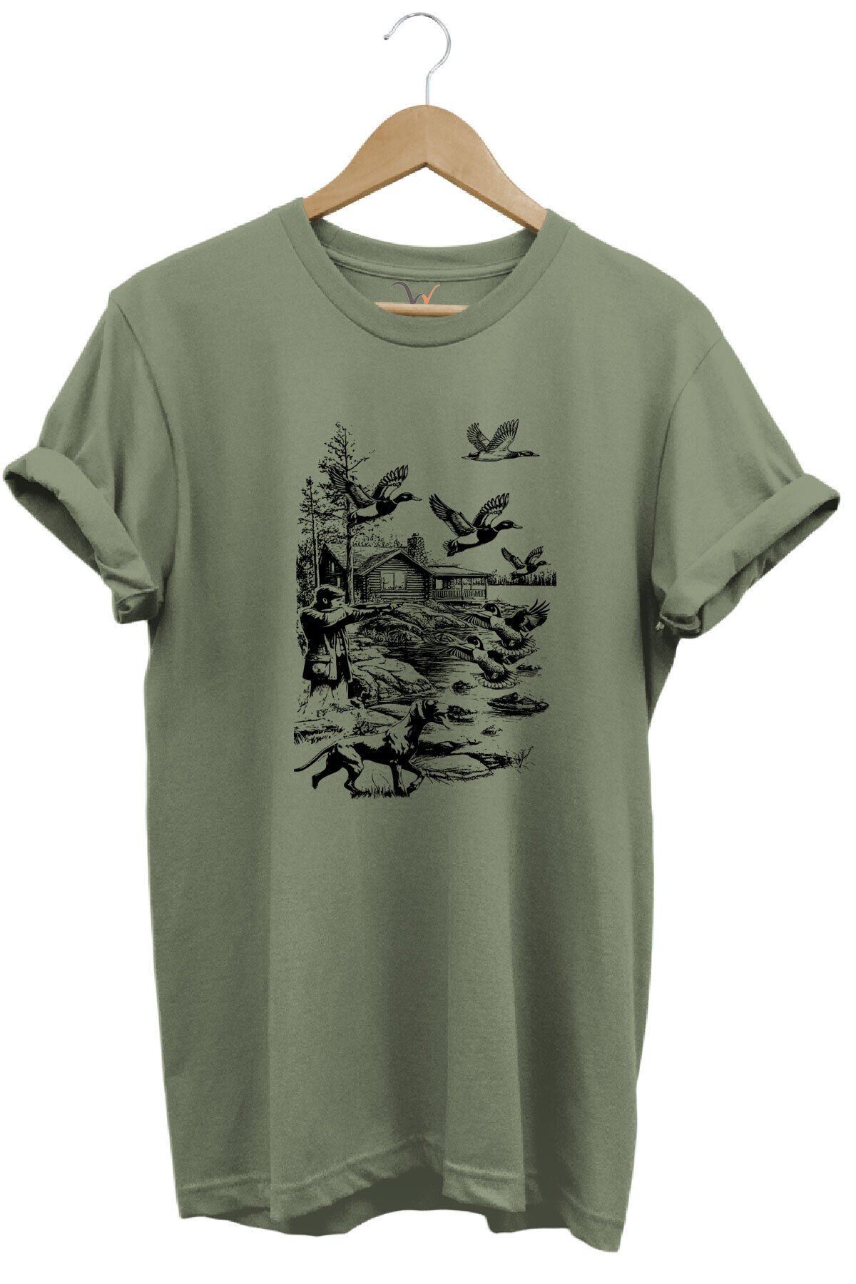 Avcılık Hunting Avcı Köpeği Avcı ve Ördekler Baskılı %100 Pamuk Unisex Regular Fit T-Shirt Haki - L