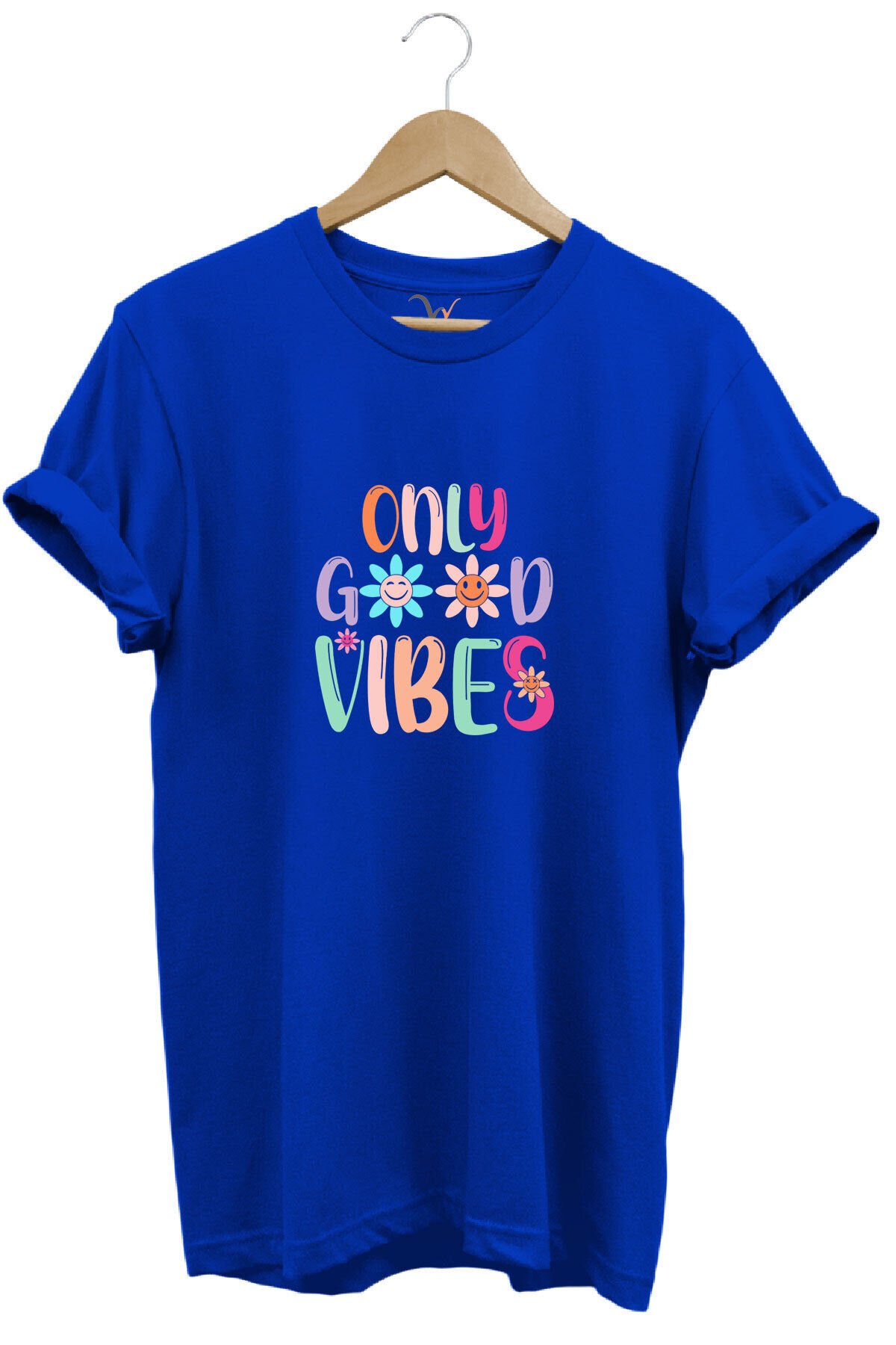 Only Good Vibes Baskılı Papatya Desenli Renkli %100 Pamuk Regular Fit Bisiklet Yaka Mavi T-shirt Mavi - M