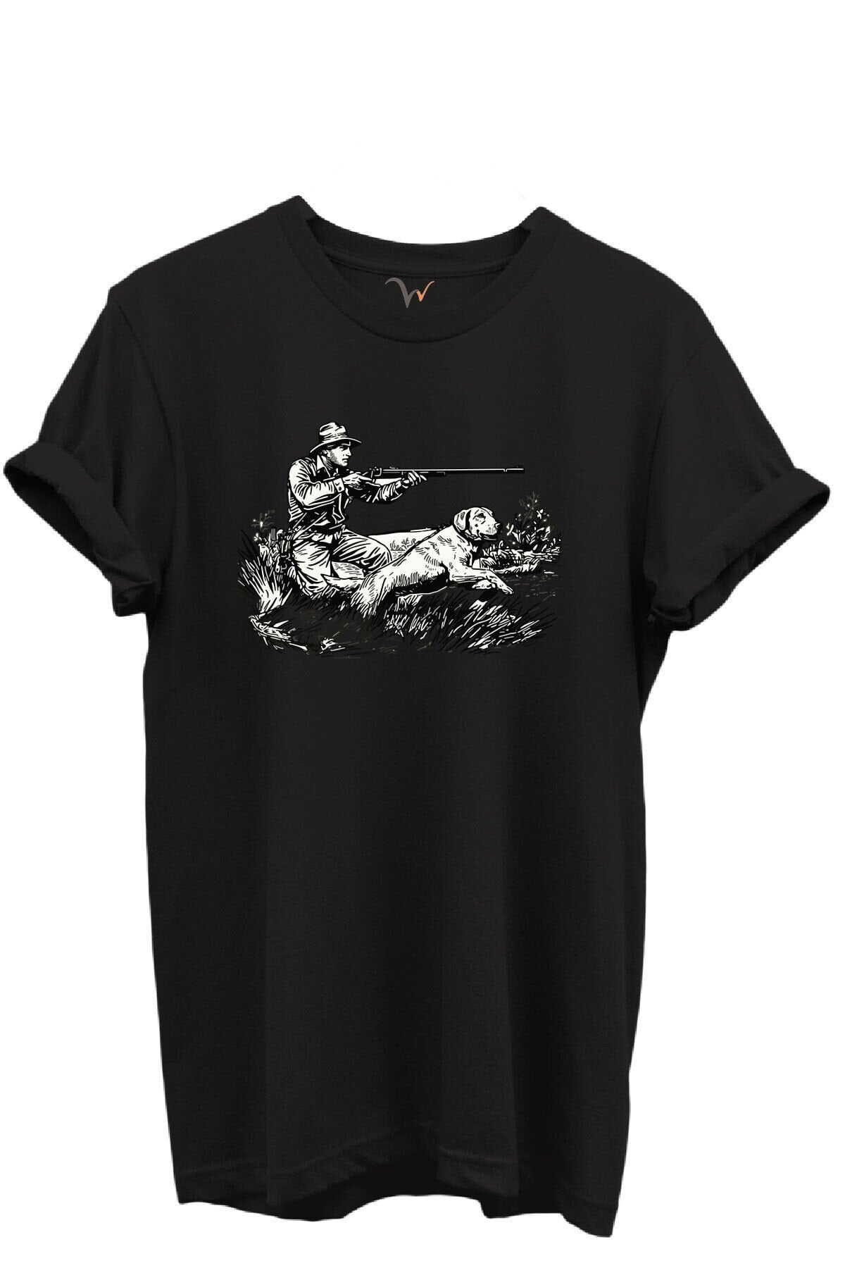 Outdoor Avcılık Avcı ve Köpek Desenli %100 Pamuk Regular Fit Bisiklet Yaka Unisex T-shirt Siyah - L