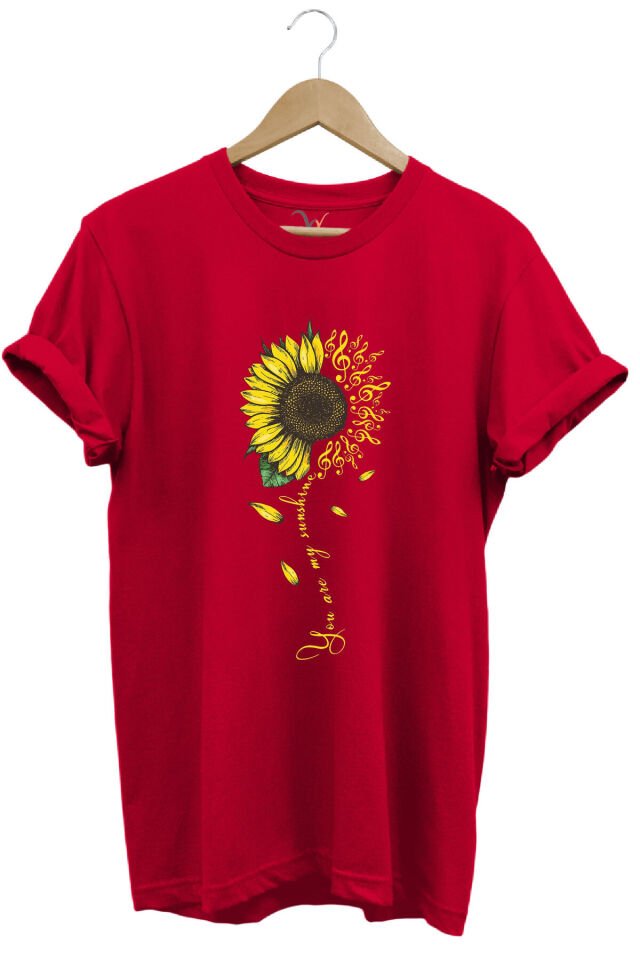 Sarı Ayçiçek Desenli You Are Sunshine Yazı Baskılı %100 Pamuk Regular Fit Unisex T-Shirt Kırmızı - L