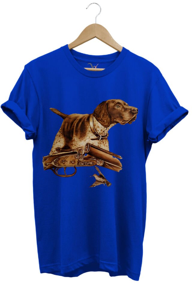 Hunter Avcılık Temalı Fişek Labrador Retriever Setter Pointer Baskılı %100 Pamuk Regular Fit T-Shirt Saks Mavi - M