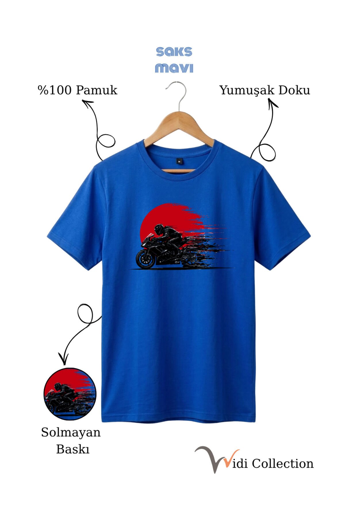 Hız Temalı Racing Motor Baskılı %100 Pamuk Unisex Regular Fit T-Shirt Mavi - S