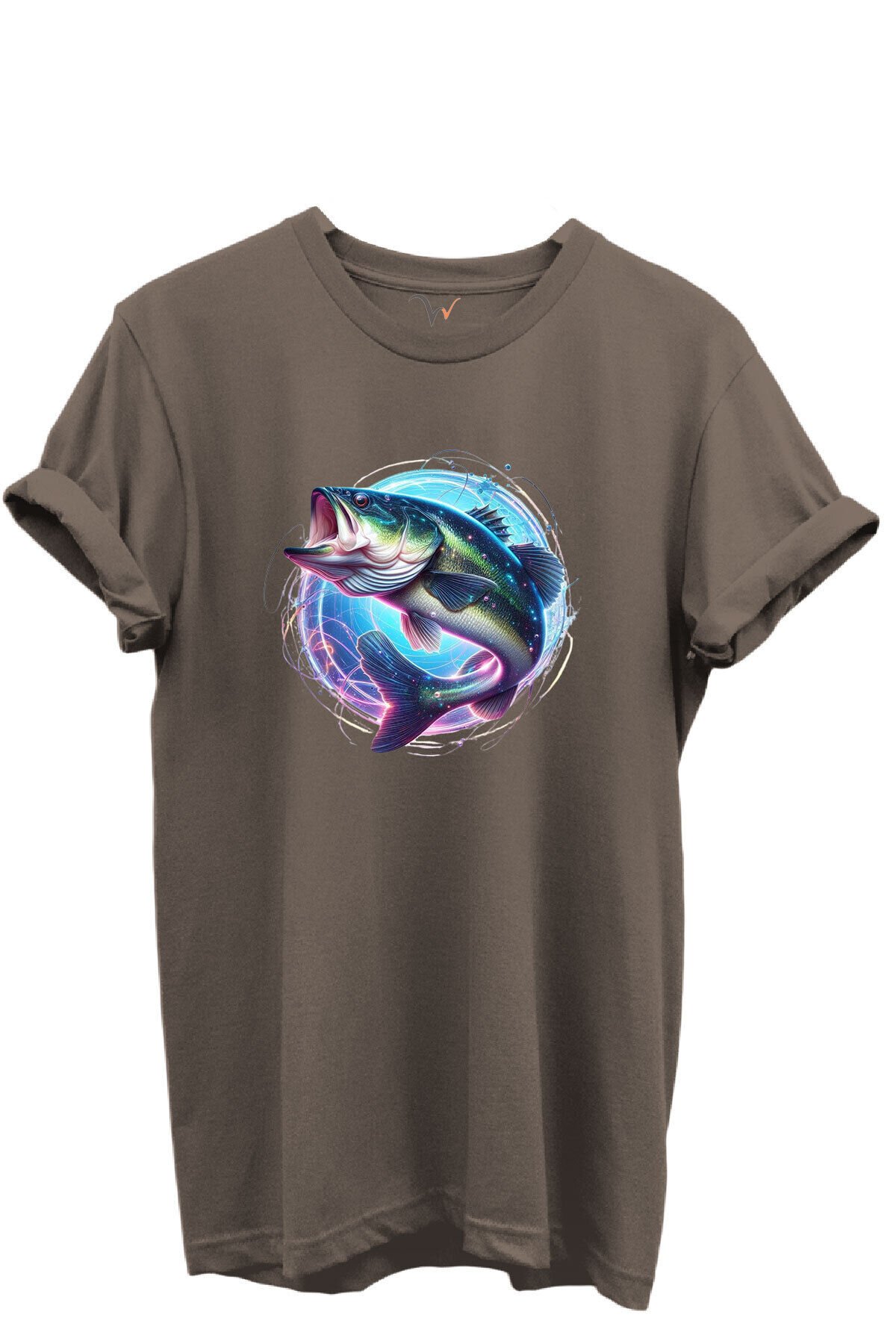 Renkli Neon Balık Desenli %100 Pamuk Regular Fit Unisex T-Shirt Kahverengi - 3XL