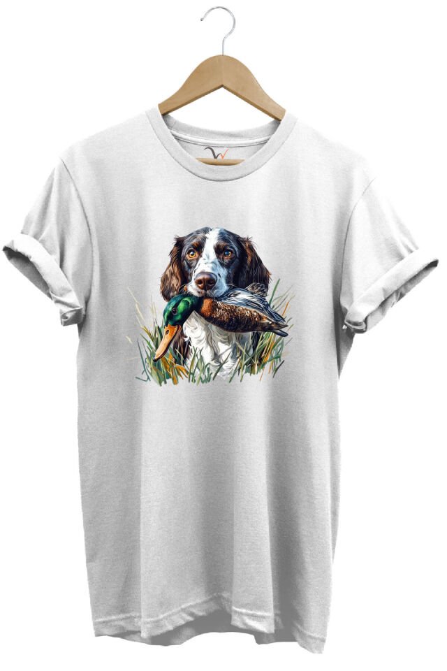 Avcılık Av Köpeği Ve Ördek Baskılı %100 Pamuk Regular Fit Bisiklet Yaka Premium Yeşil T-shirt Beyaz - 3XL