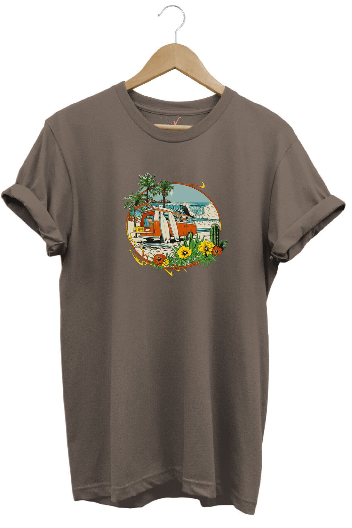 Outdoor Kamp Karavan Sörf Baskılı %100 Pamuk Basic Regular Fit Bisiklet Yaka T-shirt Kahverengi - L