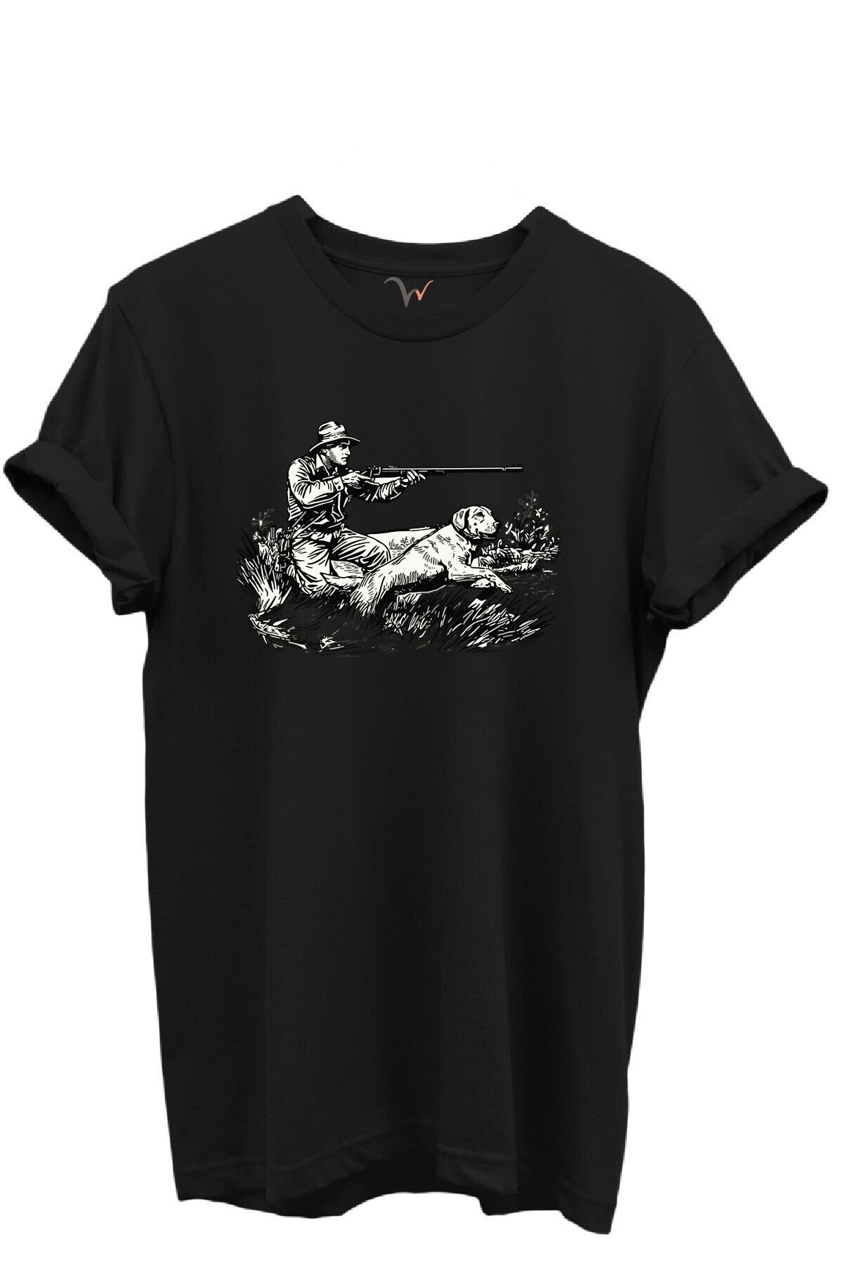 Outdoor Avcılık Avcı ve Köpek Desenli %100 Pamuk Regular Fit Bisiklet Yaka Unisex T-shirt Siyah - 5XL