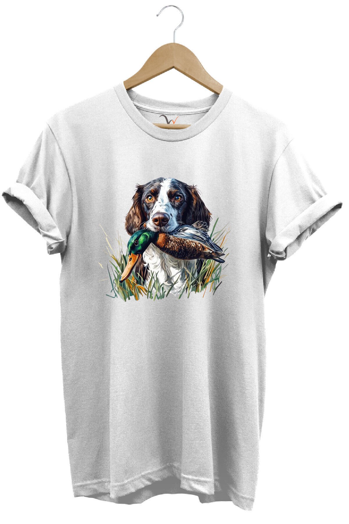 Avcılık Av Köpeği Ve Ördek Baskılı %100 Pamuk Regular Fit Bisiklet Yaka Premium Yeşil T-shirt Beyaz - L