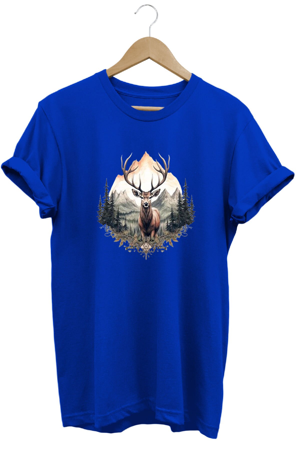 Unisex Geyik ve Dağ Manzaralı Baskılı Bisiklet Yaka Tişört T-shirt Saks Mavi - L