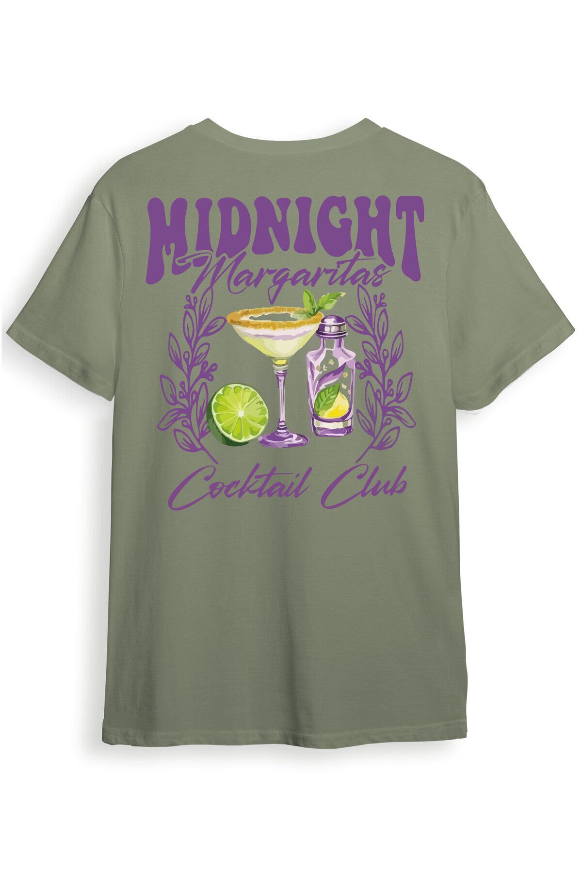 Midnight Margaritas Ön ve Arka Baskılı %100 Pamuk Unisex Regular Fit T-Shirt Haki - 3XL