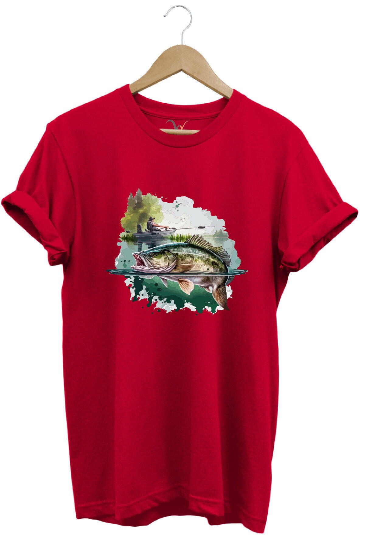 Balıkçılık Levrek Balığı Ve Teknede Olta Ile Balık Tutmak %100 Pamuk Regular Fit Siyah T-shirt Kırmızı - 3XL