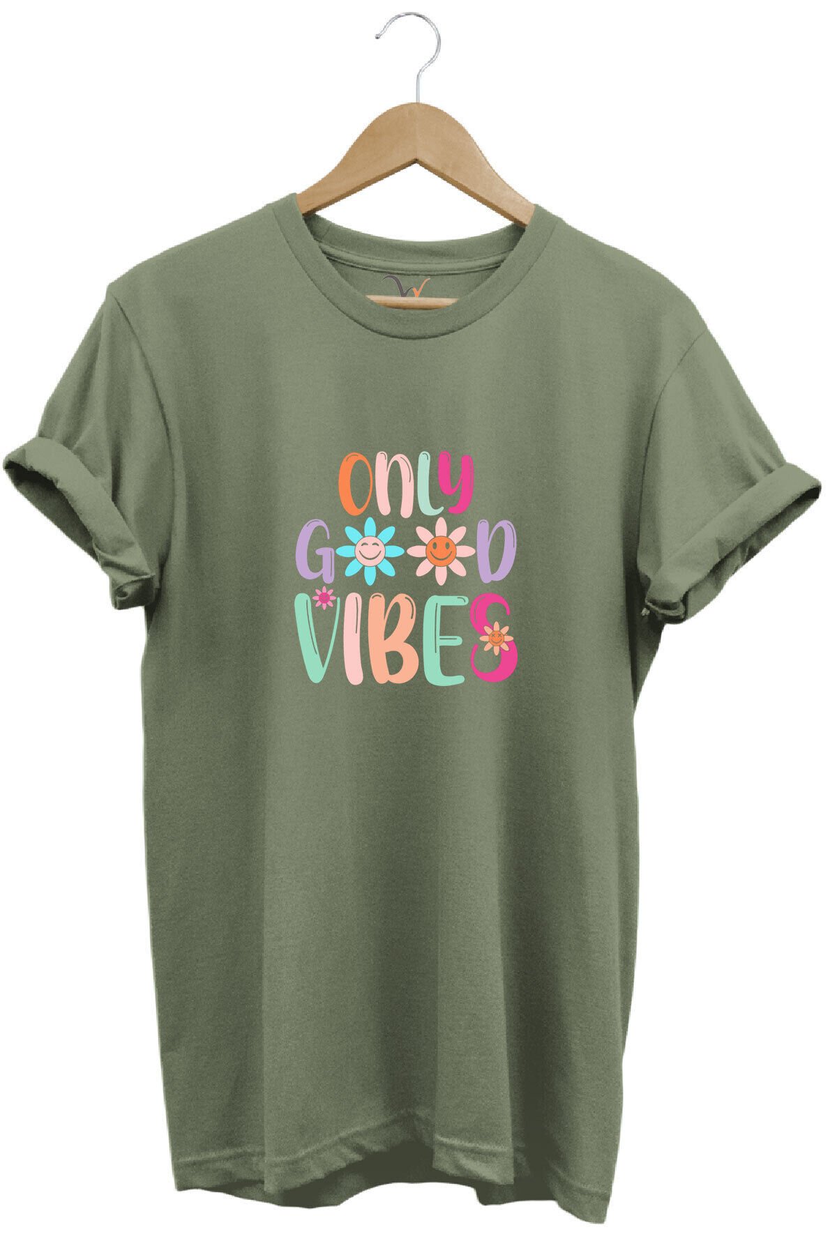 Only Good Vibes Baskılı Papatya Desenli Renkli %100 Pamuk Regular Fit Bisiklet Yaka Mavi T-shirt Haki - XL