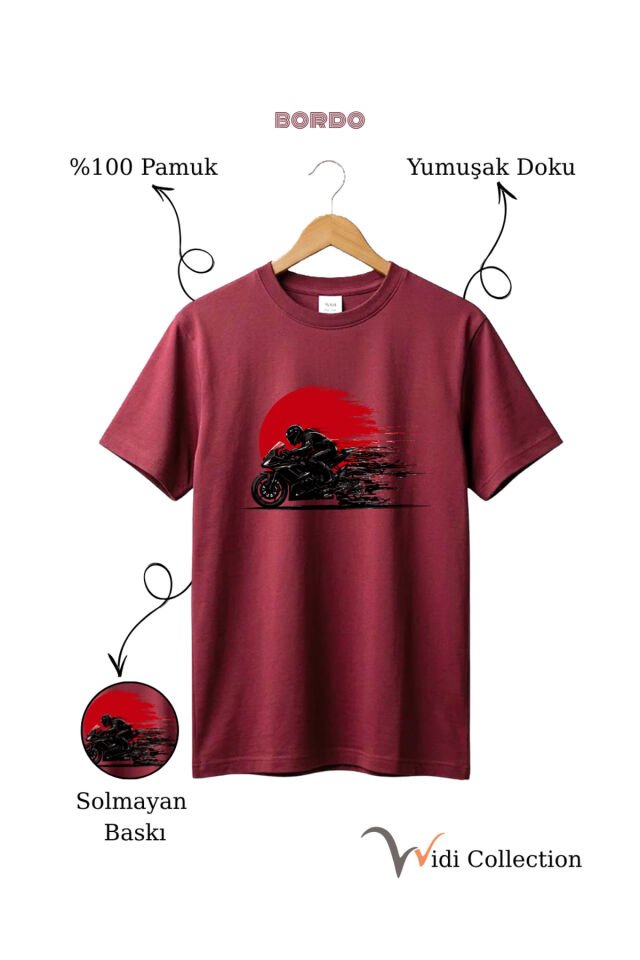 Hız Temalı Racing Motor Baskılı %100 Pamuk Unisex Regular Fit T-Shirt Bordo - M