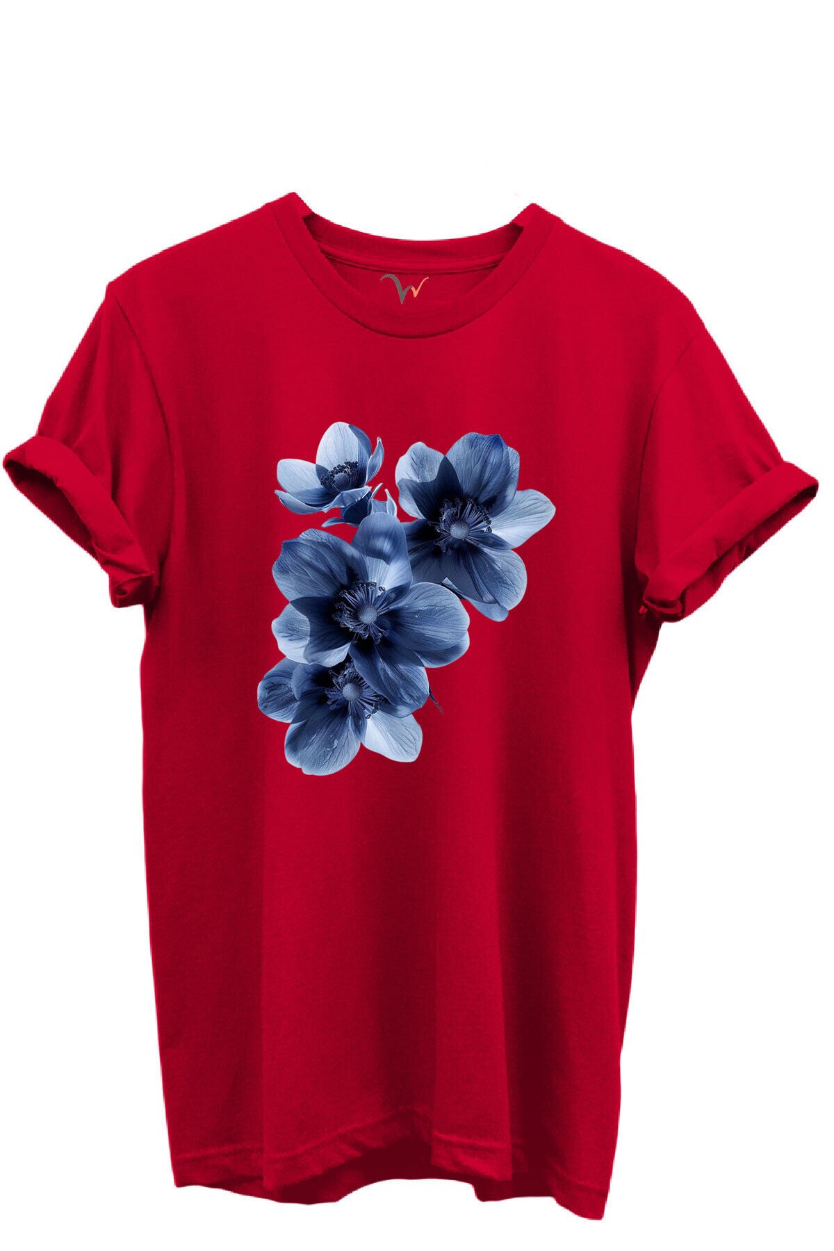 Mavi Çiçek Desenli Kadın %100 Pamuk Regular Fit Bisiklet Yaka T-Shirt Kırmızı - 3XL