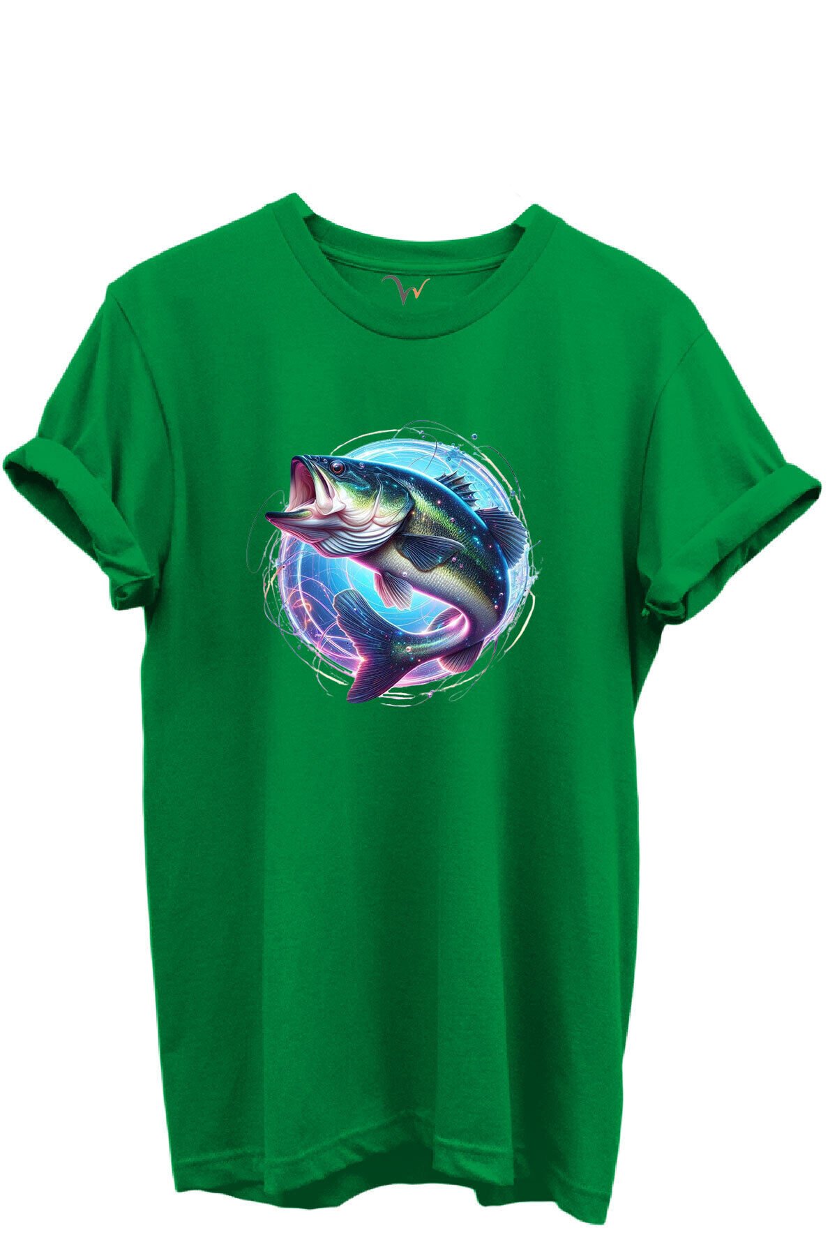 Renkli Neon Balık Desenli %100 Pamuk Regular Fit Unisex T-Shirt Yeşil - 3XL