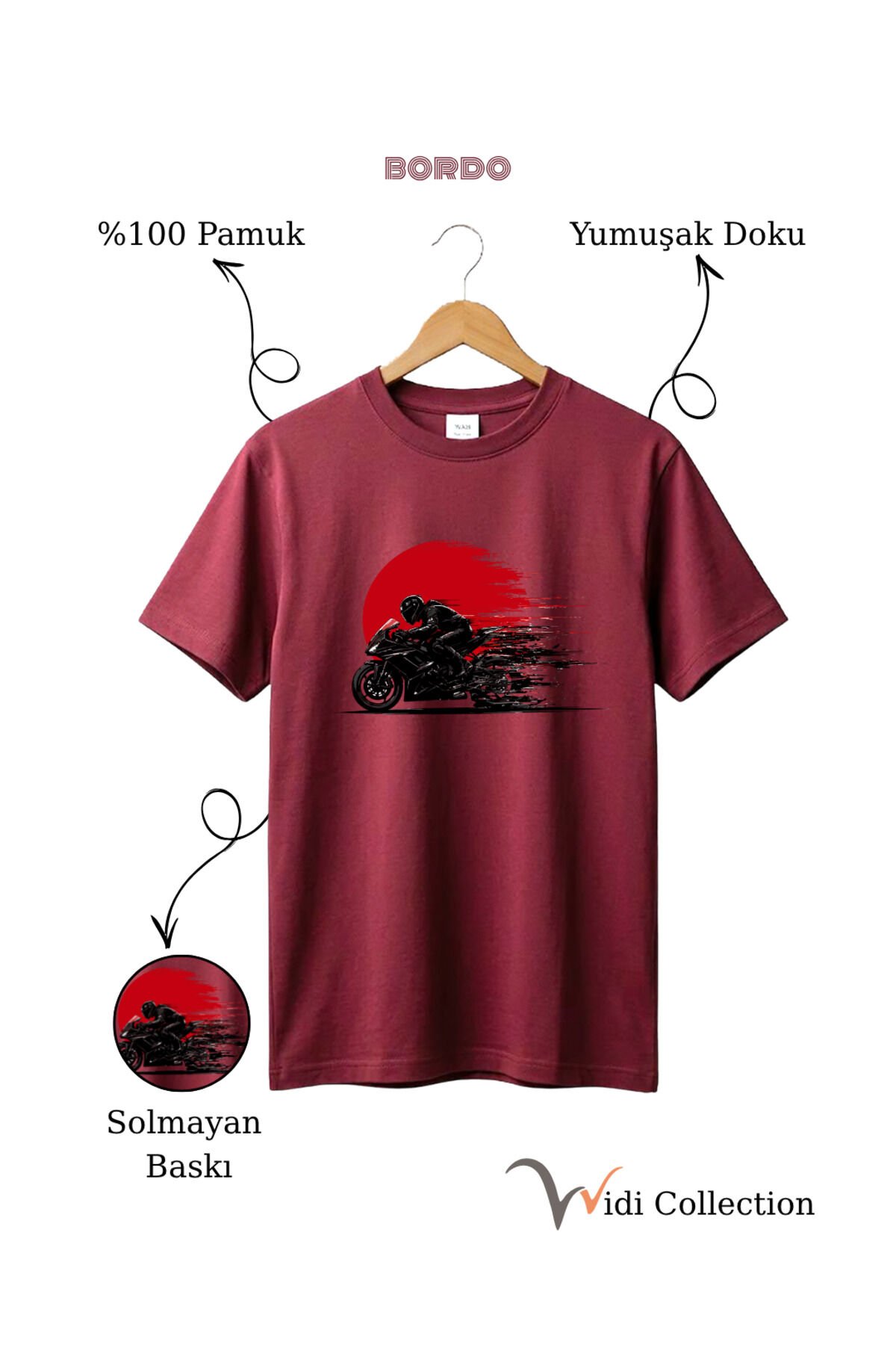 Hız Temalı Racing Motor Baskılı %100 Pamuk Unisex Regular Fit T-Shirt Bordo - XL