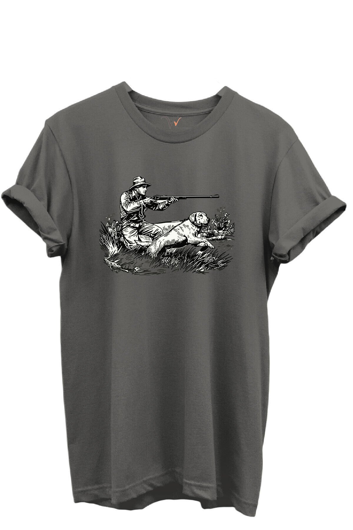 Outdoor Avcılık Avcı ve Köpek Desenli %100 Pamuk Regular Fit Bisiklet Yaka Unisex T-shirt Antrasit Gri - XL