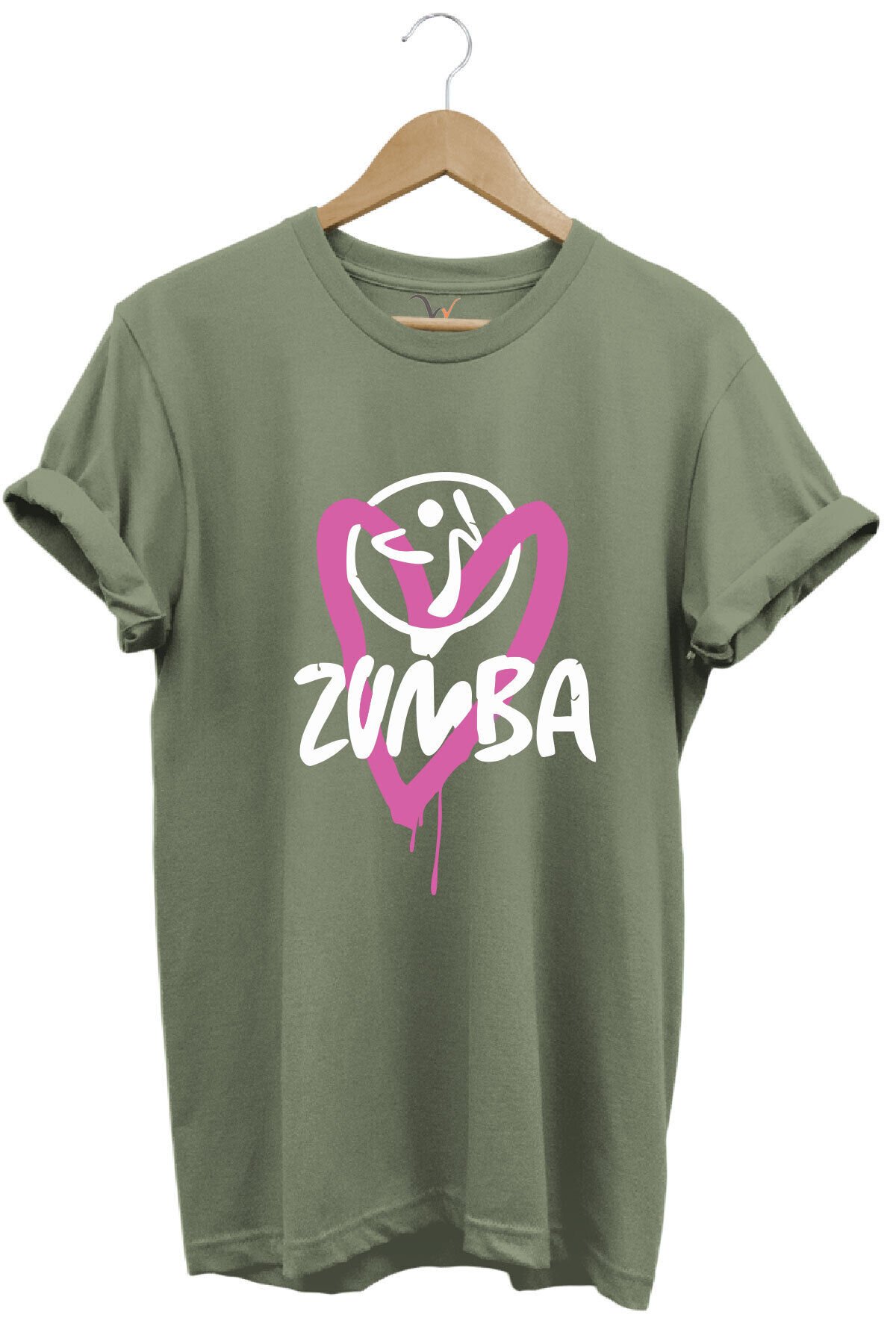Zumba Fitness Kalp Baskılı %100 Pamuk Regular Fit Bisiklet Yaka T-shirt Haki - L