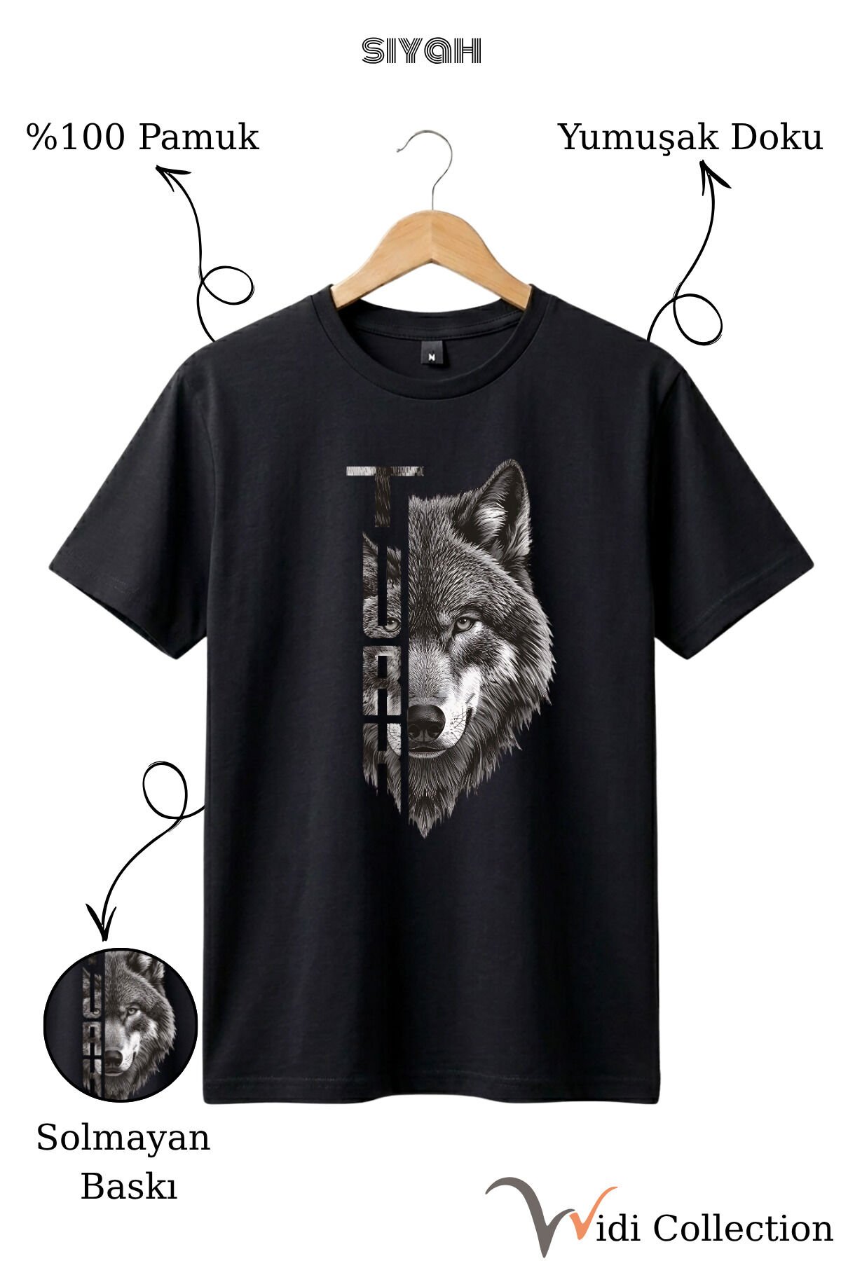 Yarı Kurt Yarısı TÜRK Yazı Tasarım Baskılı %100 Pamuk T-shirt Siyah - 2XL