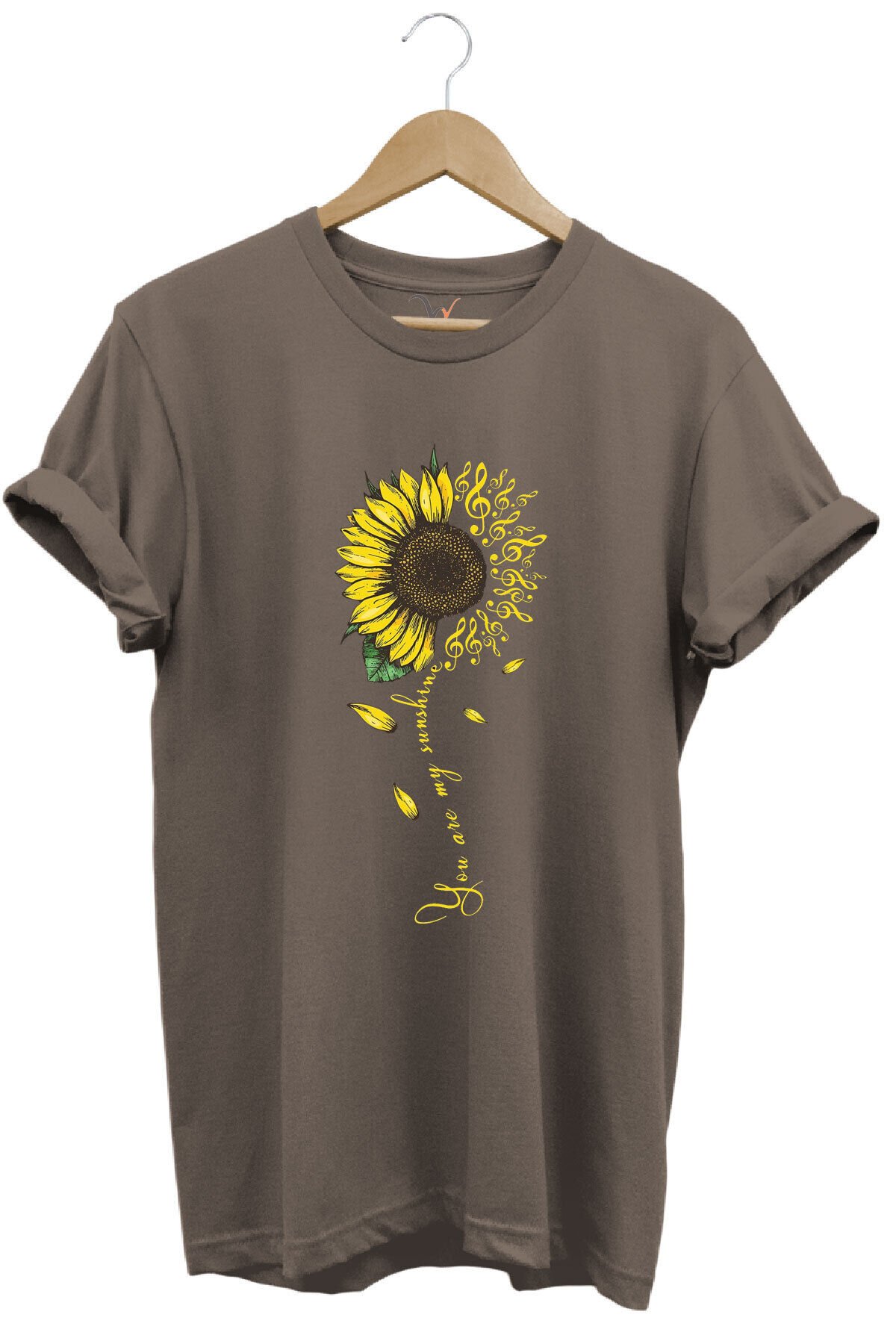 Sarı Ayçiçek Desenli You Are Sunshine Yazı Baskılı %100 Pamuk Regular Fit Unisex T-Shirt Kahverengi - XL