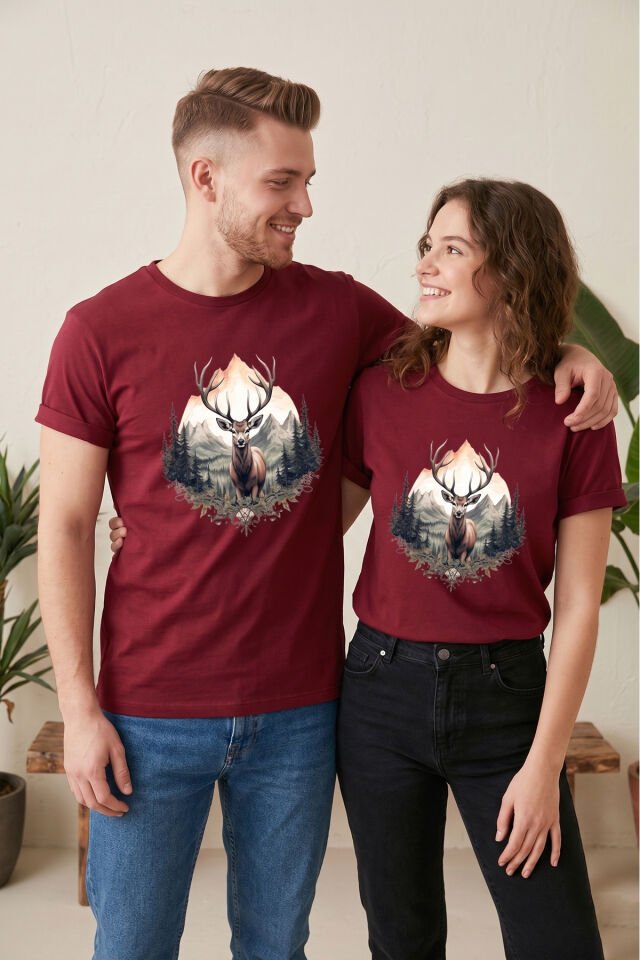 Unisex Geyik ve Dağ Manzaralı Baskılı Bisiklet Yaka Tişört T-shirt Saks Mavi - M