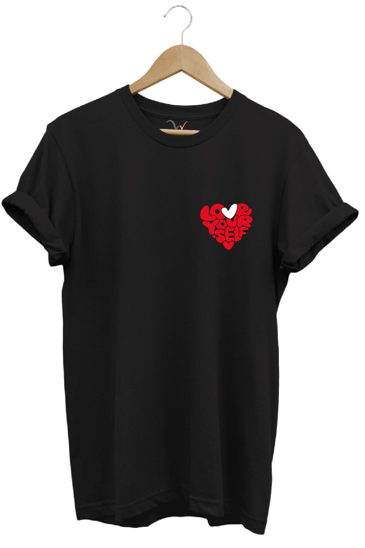 Love Yourself Kalp Tipografi Baskılı %100 Pamuk Unisex Regular Fit T-Shirt Siyah - M