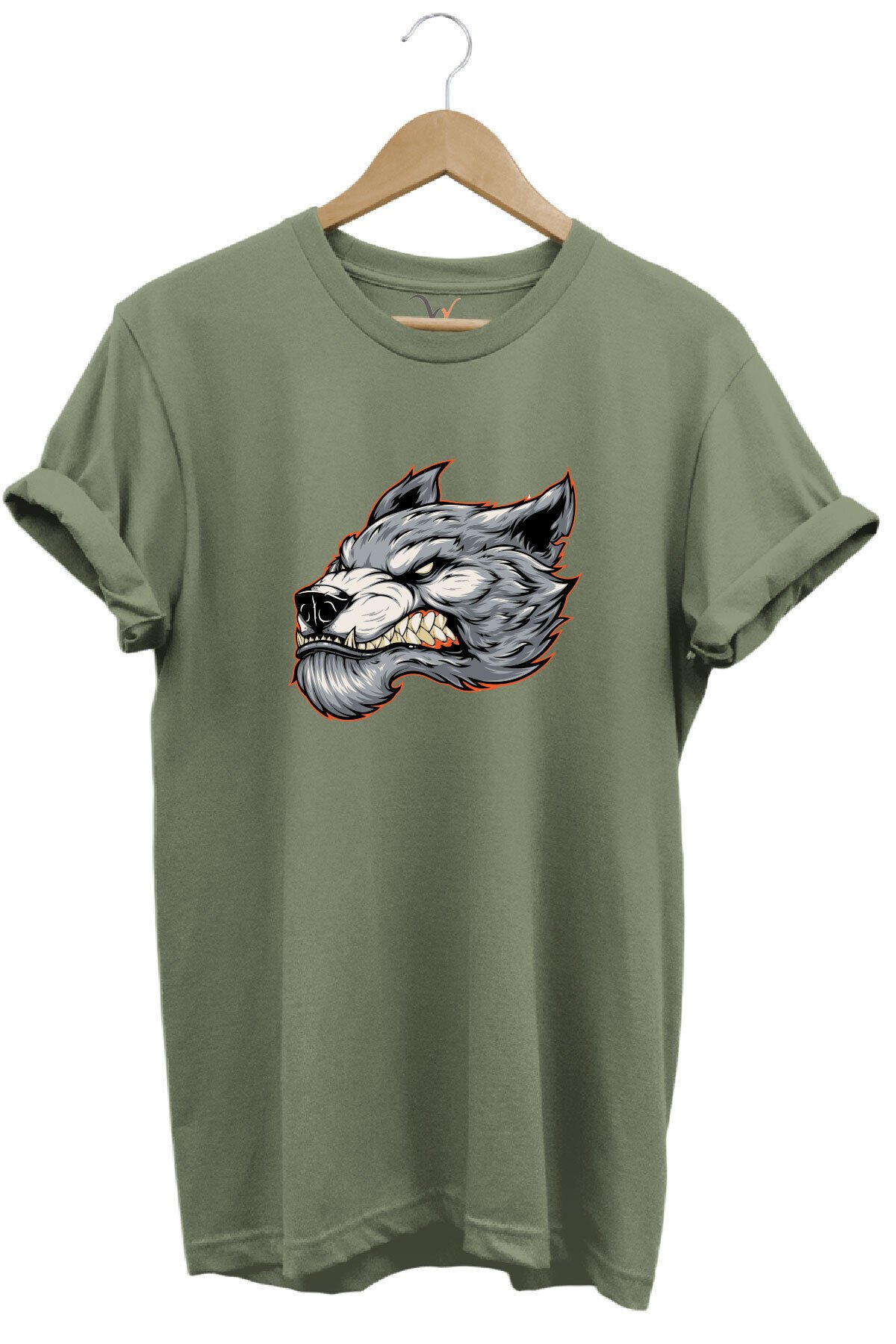Kızgın Agresif Kurt Tasarım Baskılı %100 Pamuk Regular Fit Bisiklet Yaka Premium Gri T-shirt Haki - 3XL