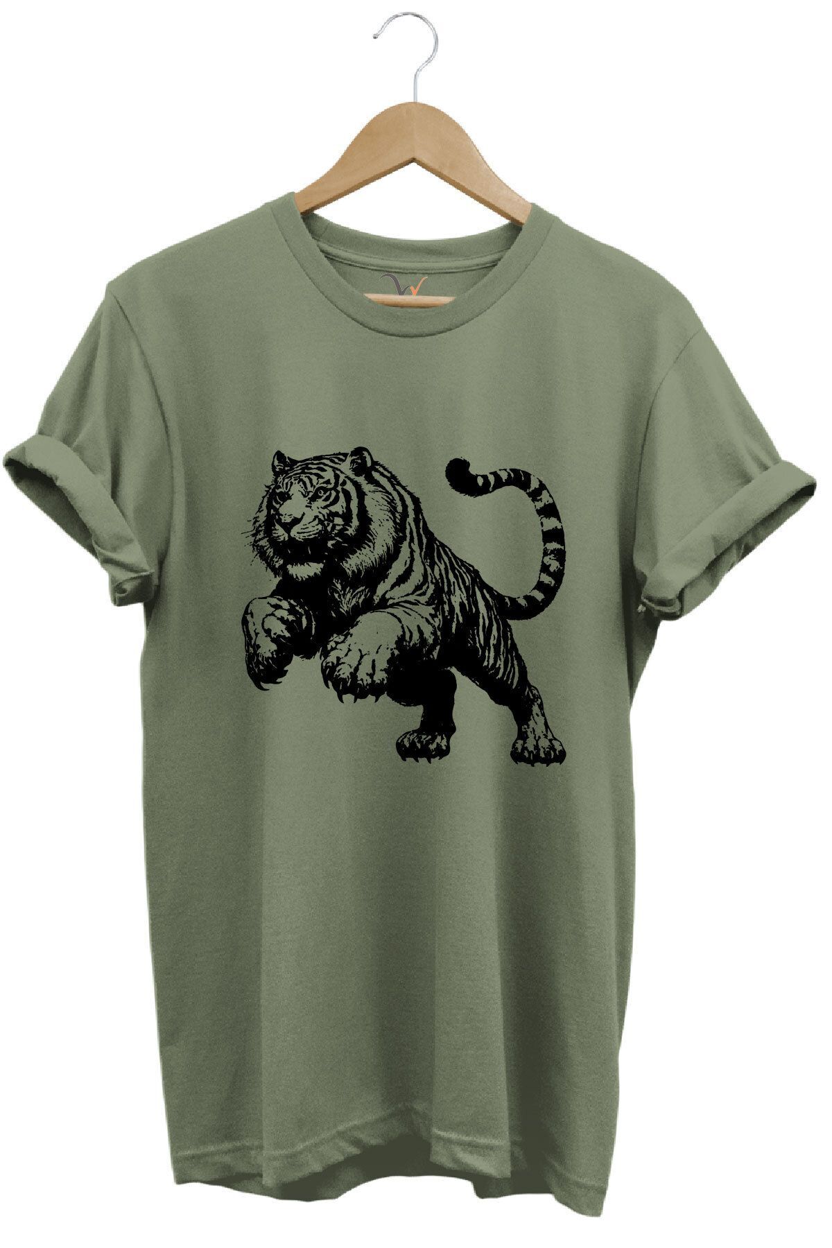 Kaplan Baskılı Cool Premium %100 Pamuk Regular Fit Turuncu T-shirt Haki Yeşil - 2XL