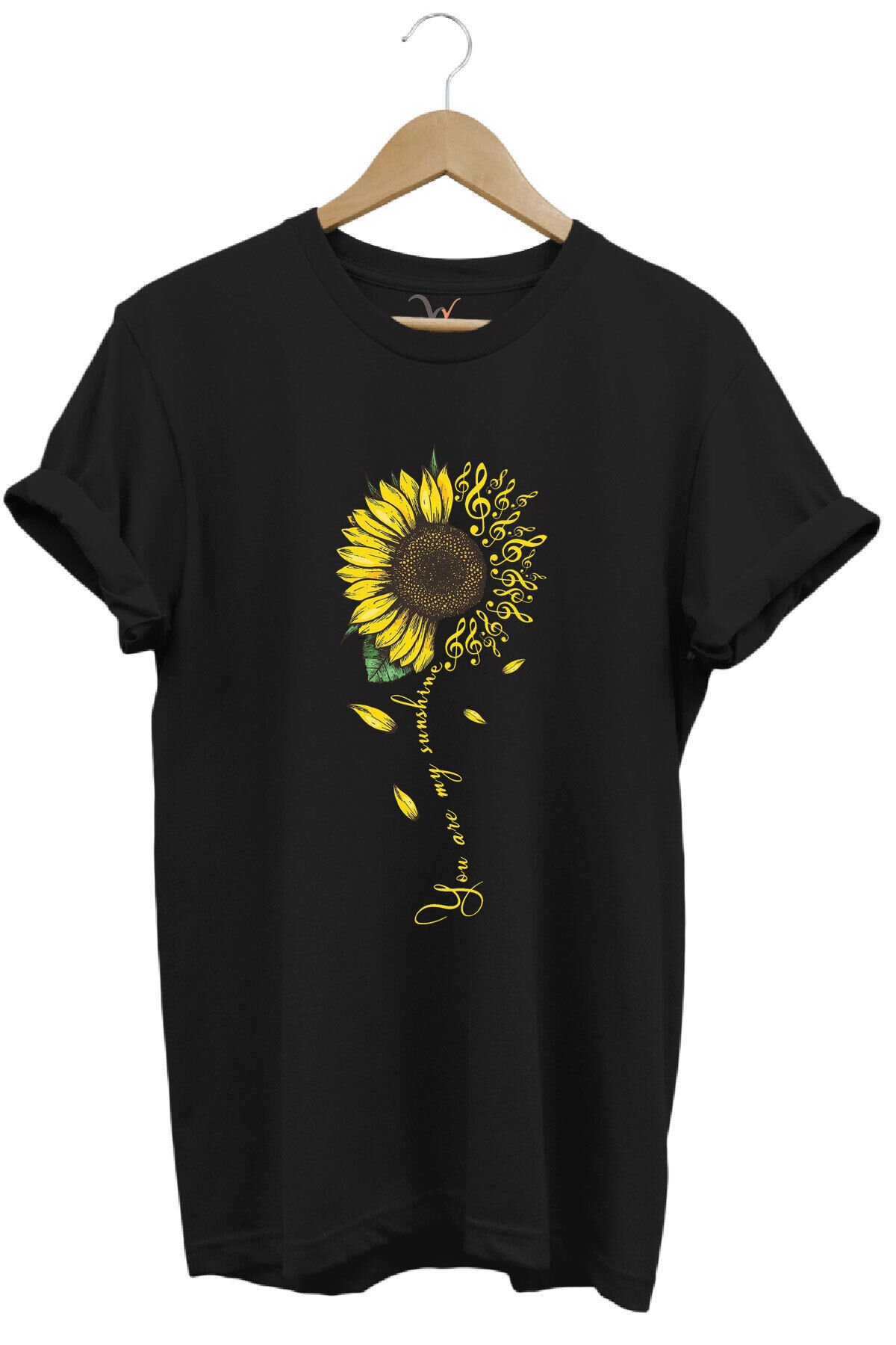 Sarı Ayçiçek Desenli You Are Sunshine Yazı Baskılı %100 Pamuk Regular Fit Unisex T-Shirt Siyah - XL